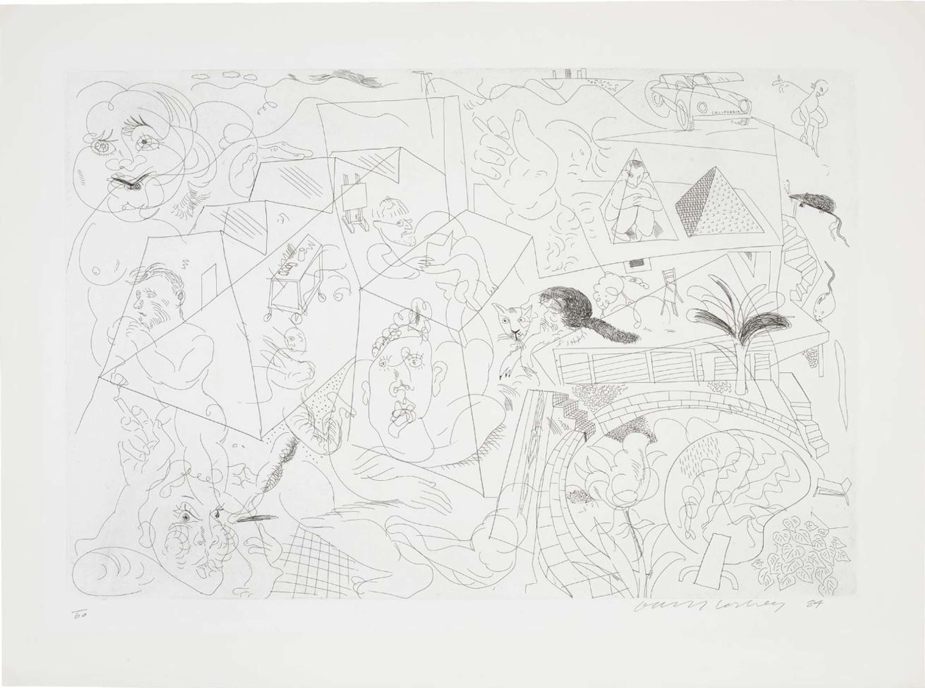 This doodle brings together many different elements of Hockney’s life, and features everything from his famed swimming pool motif to distorted chairs