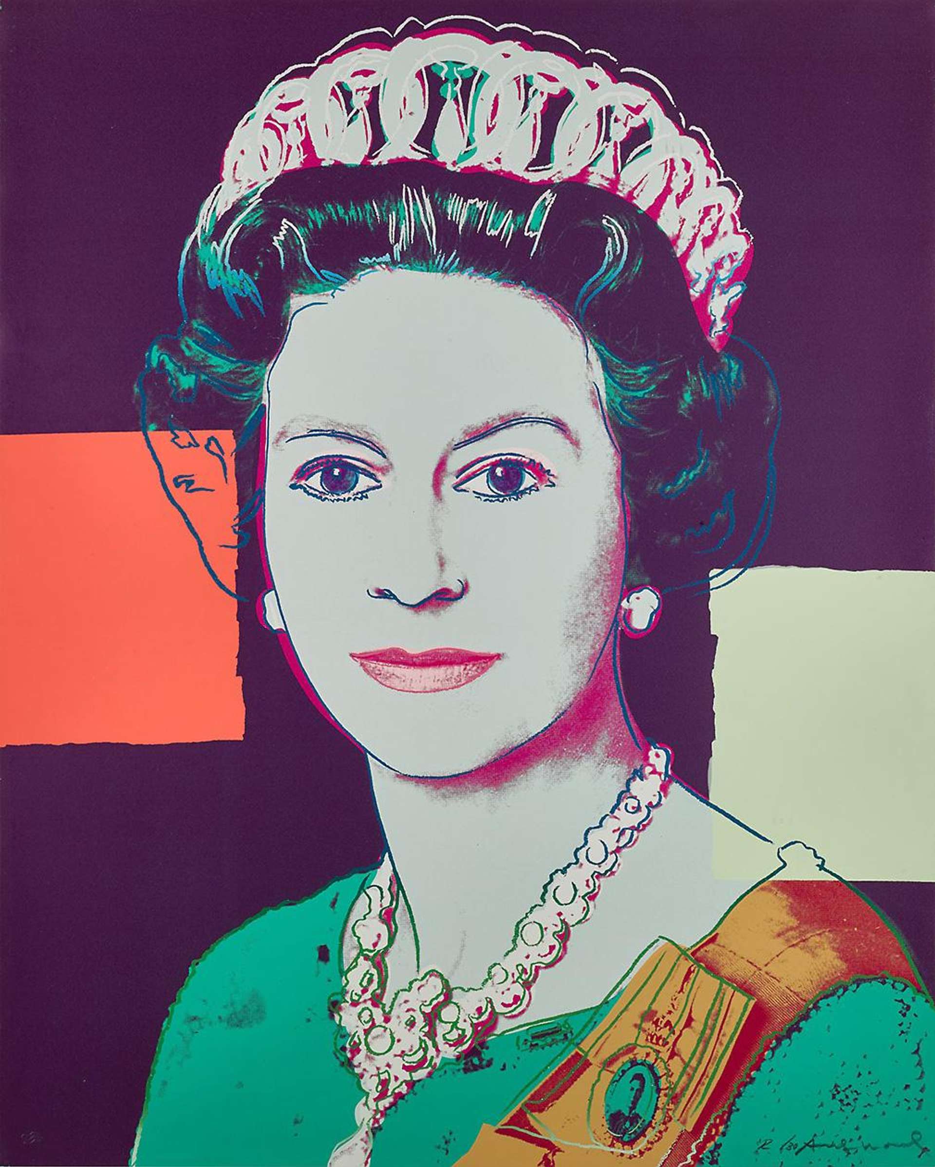 A screenprint by Andy Warhol depicting Queen Elizabeth II of England against a purple background, with collaged squares in red and off-white. The image of the Queen is executed in unnatural colours, with glitter covering the entire composition
