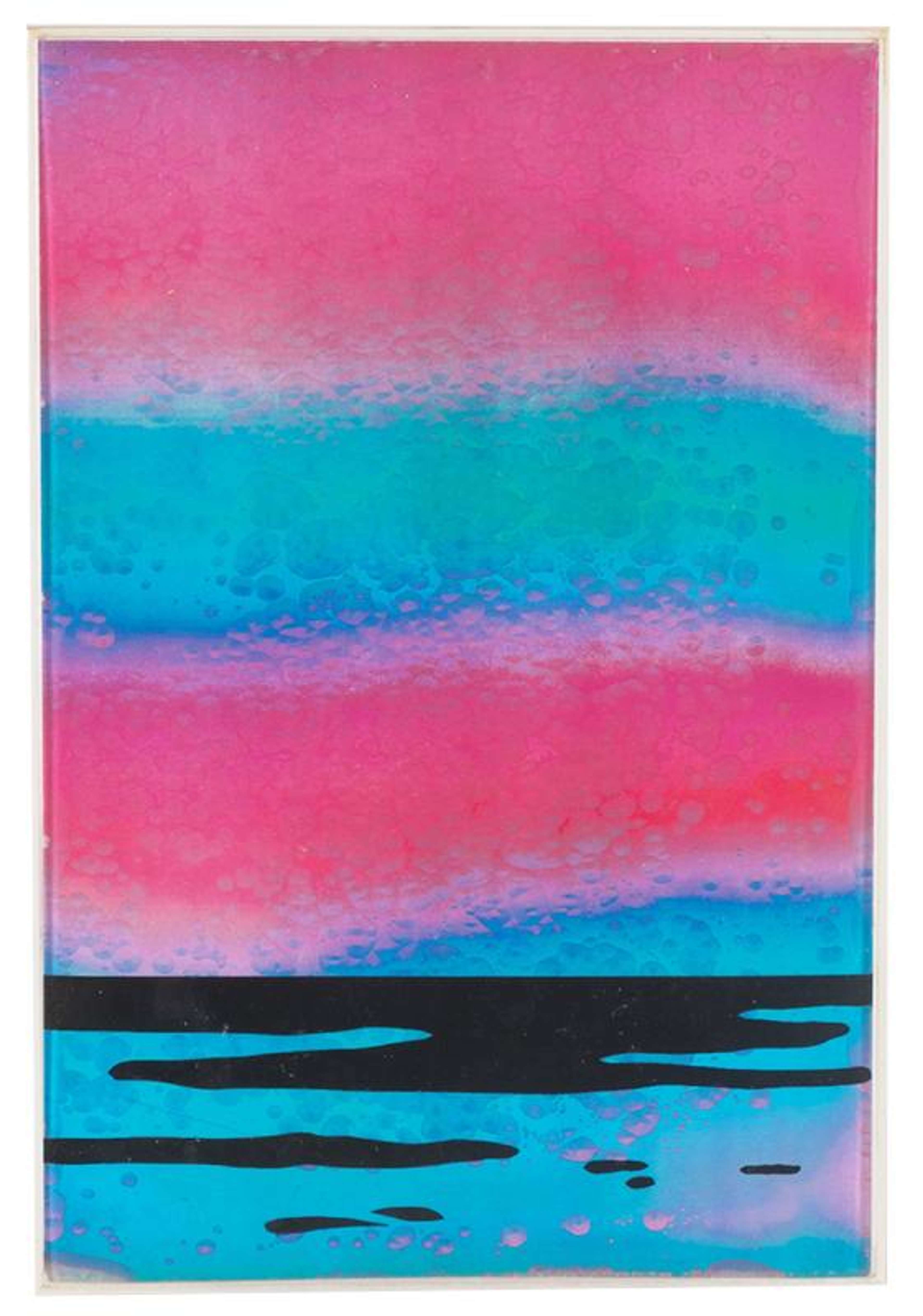 The print exhibits a fuchsia and bright turquoise diffused imaginary seascape.The vibrant pigments constituting the skies in the upper half of the composition blend seamlessly with the similarly hued illustration of water below. This poignant work is unusual in its painterly attributes, making the beholder forget it was fabricated on plastic. 