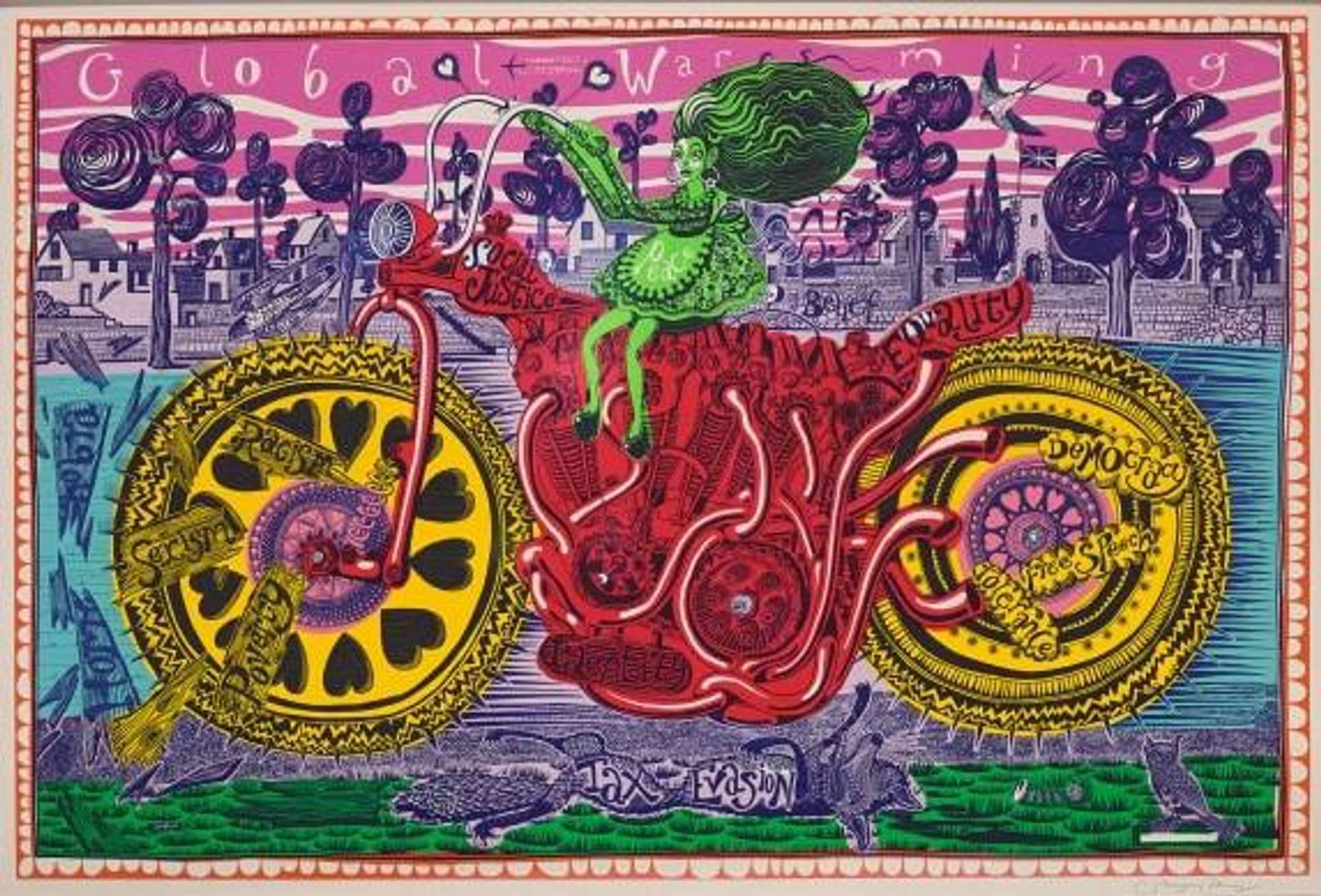 An etching by Grayson Perry depicting a green, Amazon-like figure intent on riding a bright red and yellow carriage, while surrounded by a phantasmagoric purple and pink background