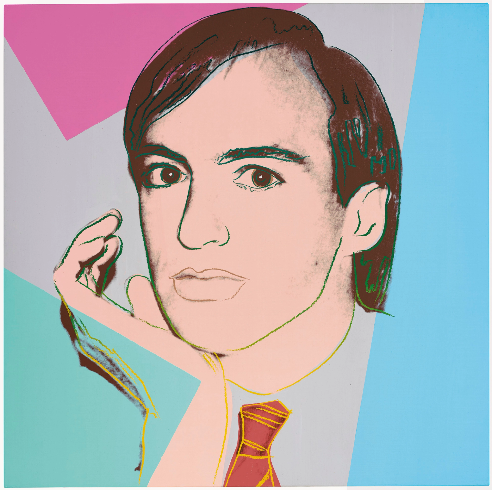 A Pop Art style portrait of executive Jon Gould, done by Andy Warhol. Gould is shown in bright colours, while wearing a tie.