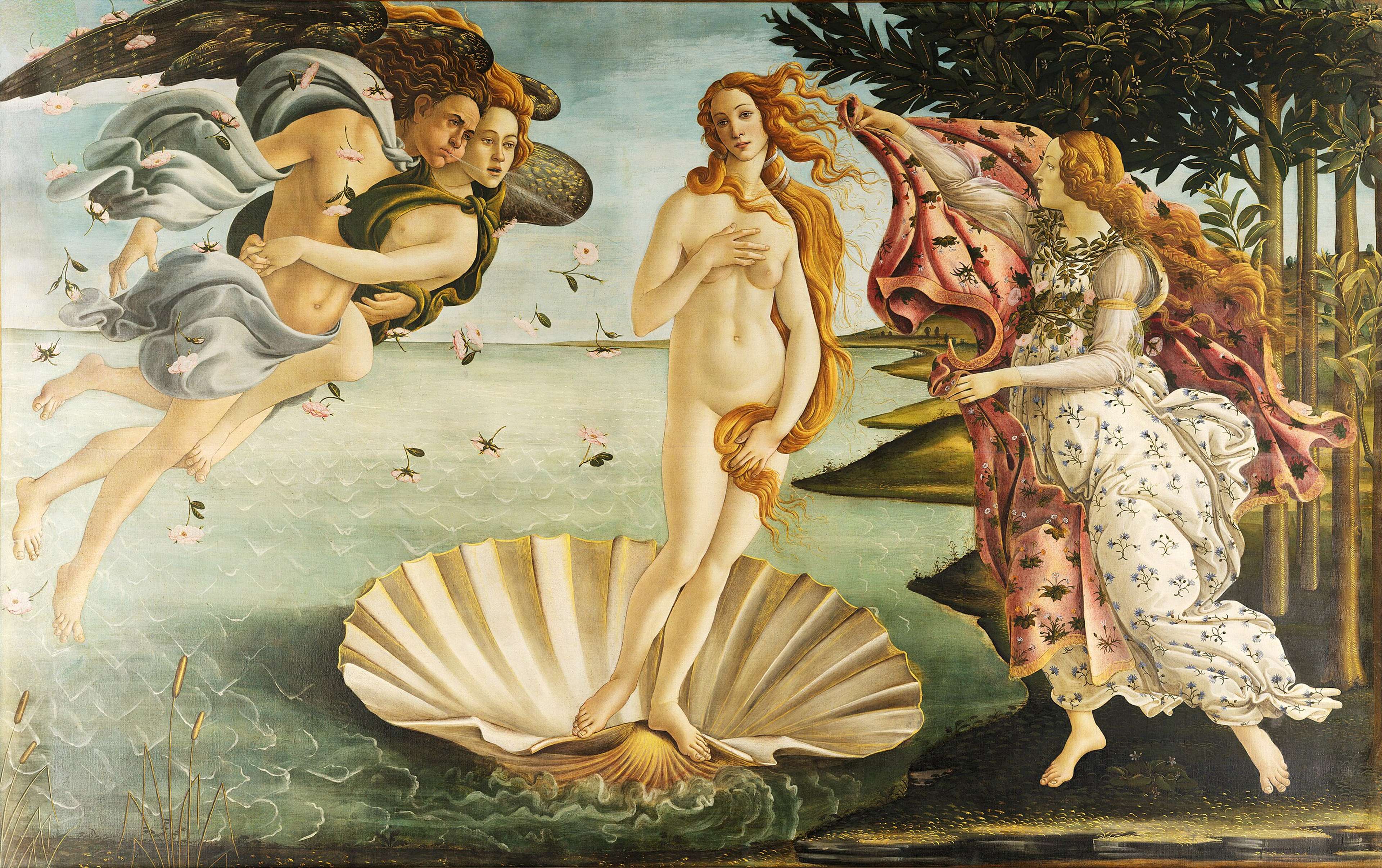 The nude figure of Venus stands on a giant seashell at the water’s edge, her long hair swirling in the breeze as winged figures blow her ashore and a robed woman steps forward to cloak her.