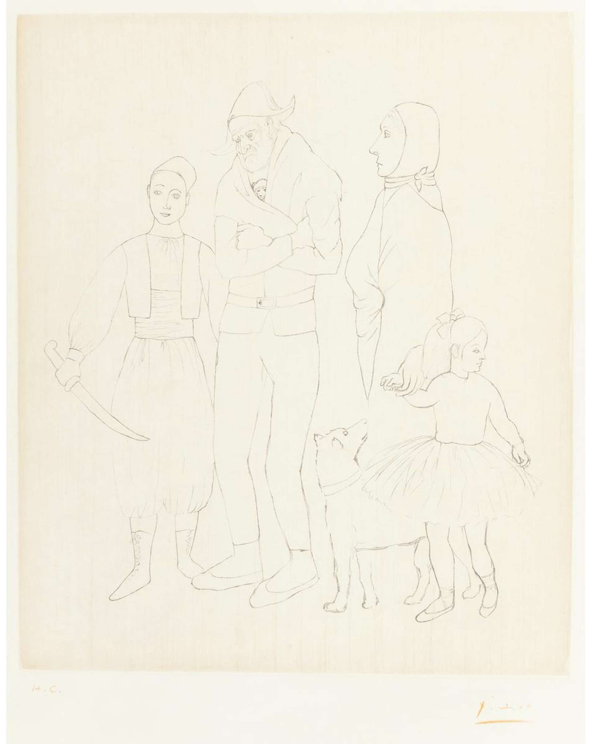 This line drawing by Pablo Picasso shows a family of saltimbanques. The mother is shown holding a girl's hand.