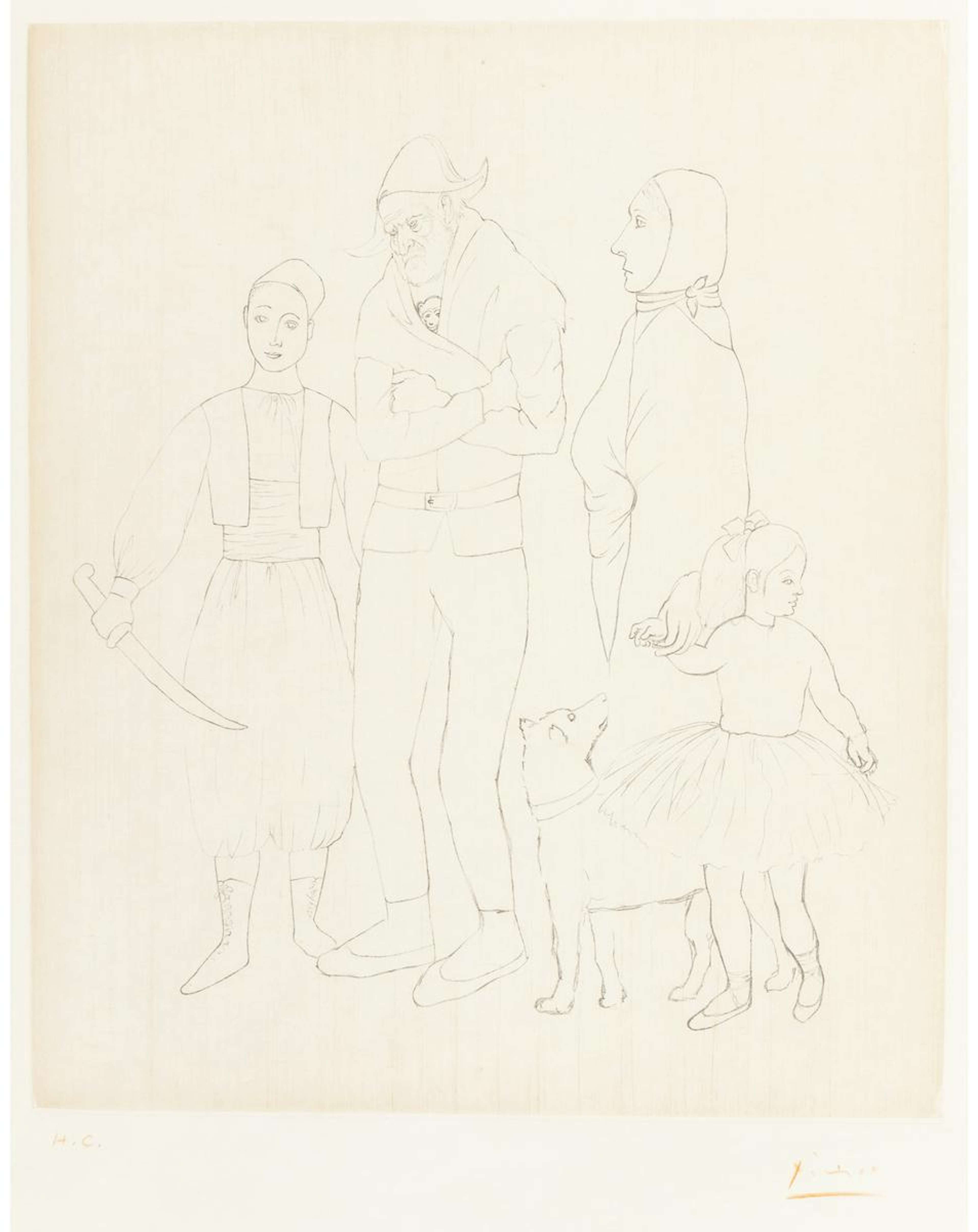 This line drawing by Pablo Picasso shows a family of saltimbanques. The mother is shown holding a girl's hand.