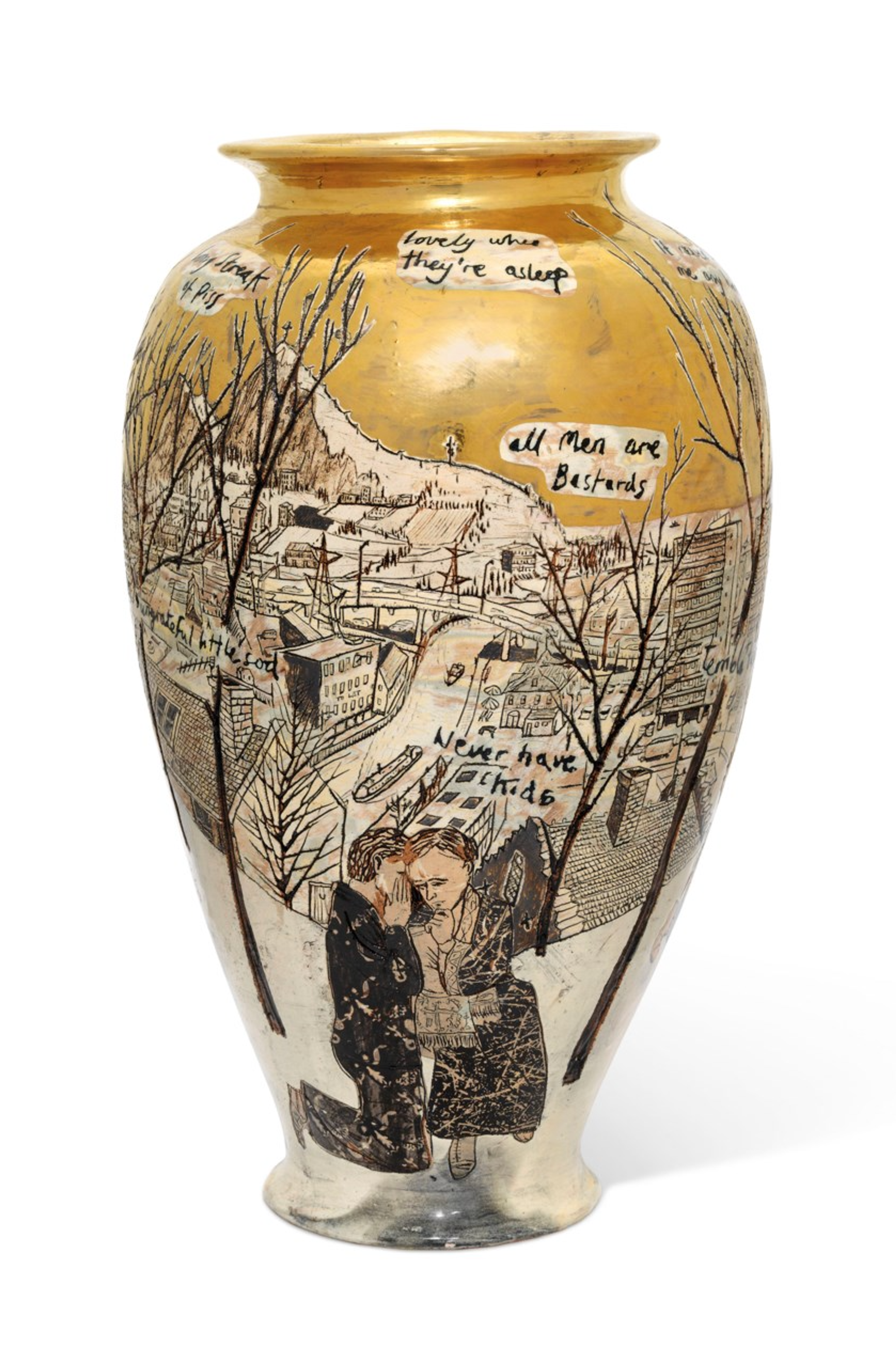 Glazed earthenware vase by Grayson Perry in gold, silver, black and cream, depicting a sorrowful couple, following the loss of their child. The urn is peppered with phrases which dismiss the welfare of children, such as 'never have kids'.