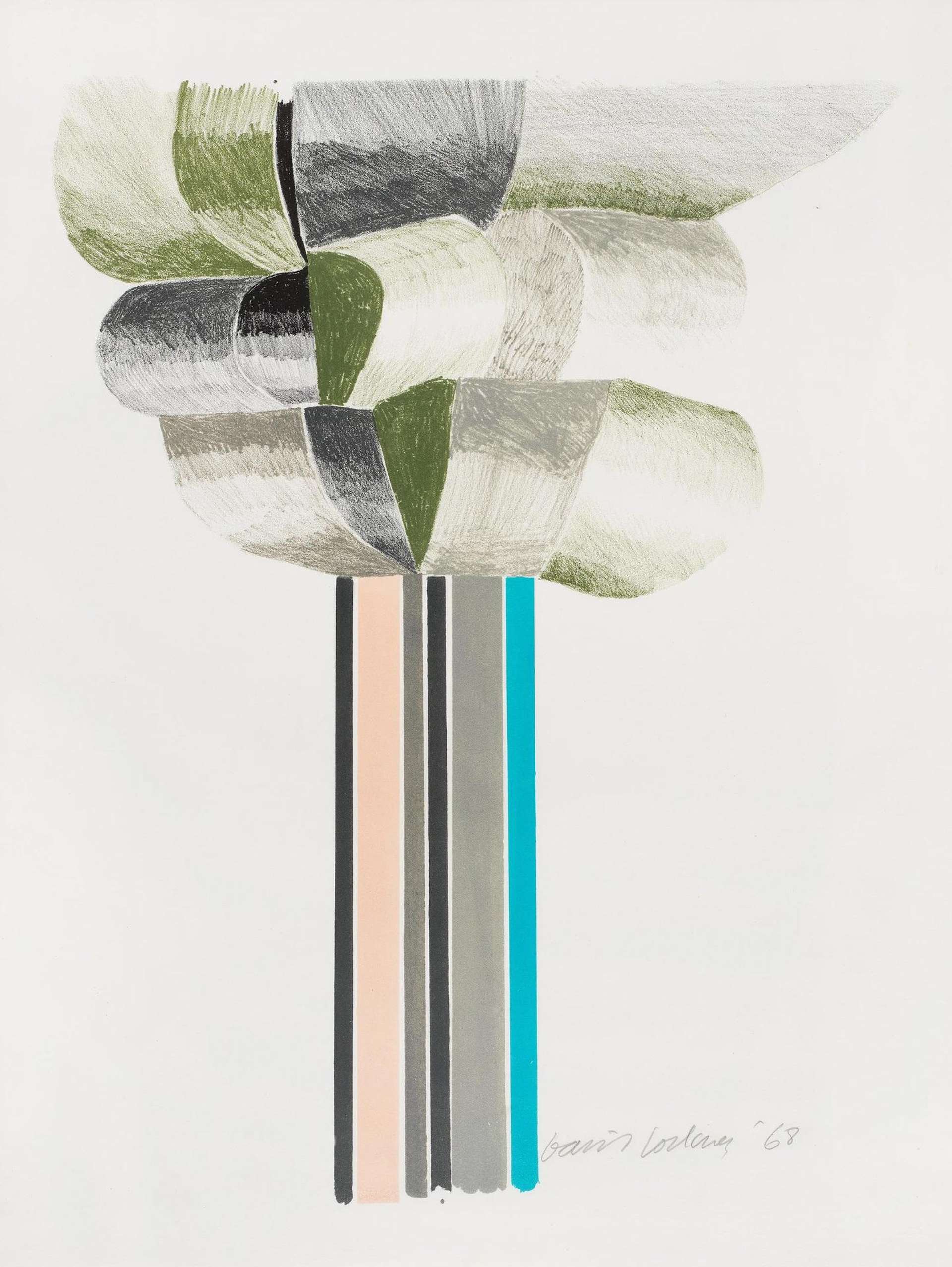David Hockney’s Tree. A tree painted with grey and blue vertical stripes and ribbon like shapes of green and grey.