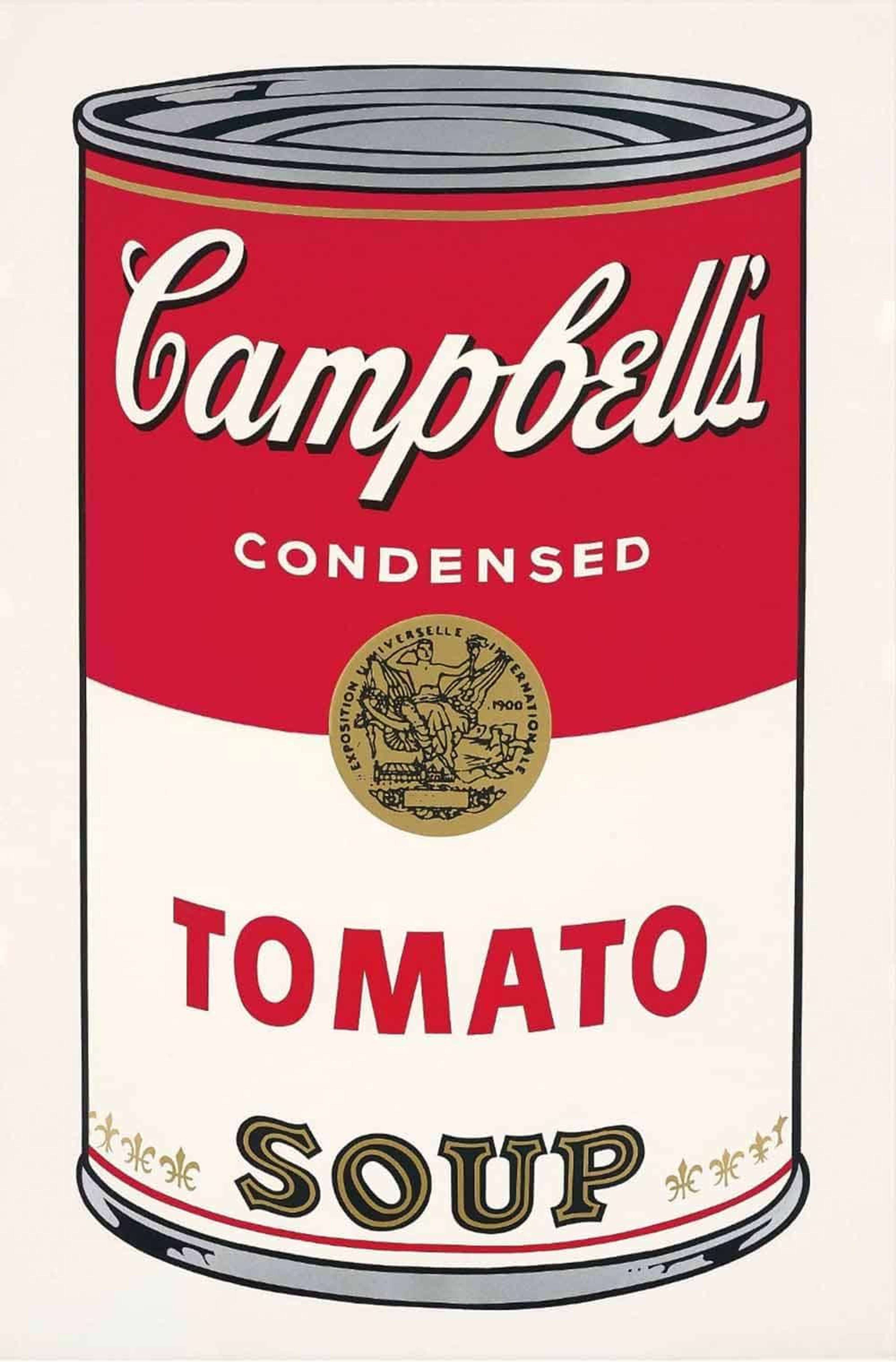 A screenprint by Andy Warhol depicting a tin of Campbell's Tomato Soup, the can is red on the top half of the label and white on the bottom half, set against a white background.