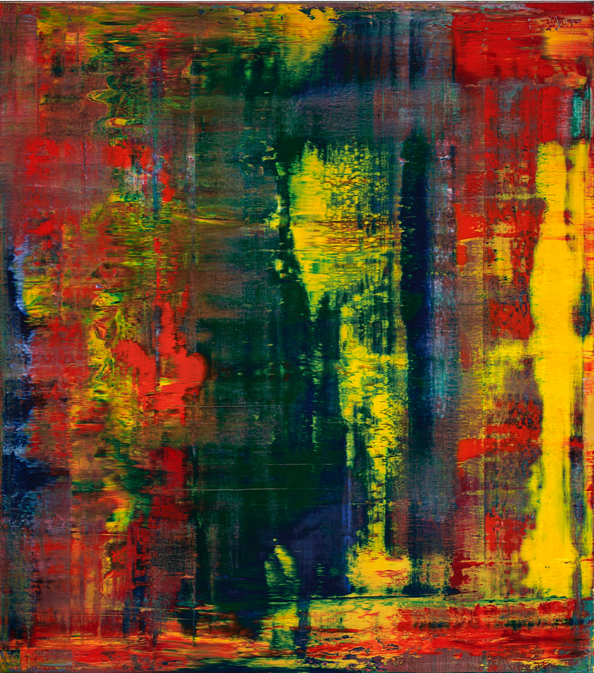 Abstract painting by Gerhard Richter, featuring smears of red, mustard yellow, navy blue, lemon yellow and mid-green.