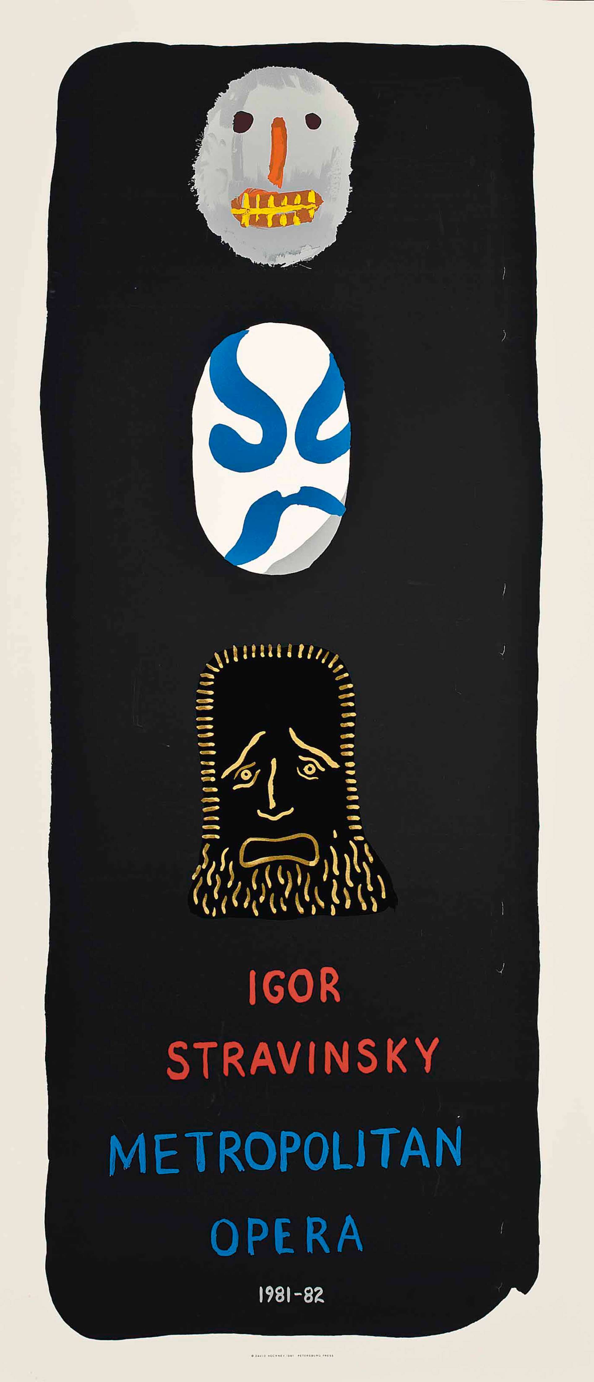 An image of the poster Hockney created for Igor Stravinsky at Metropolitan Opera. It shows a three faces against a black background, one a crudely drawn face, a mask and finally a sorrowful one. The title is written in block letters in bright yellow and blue.