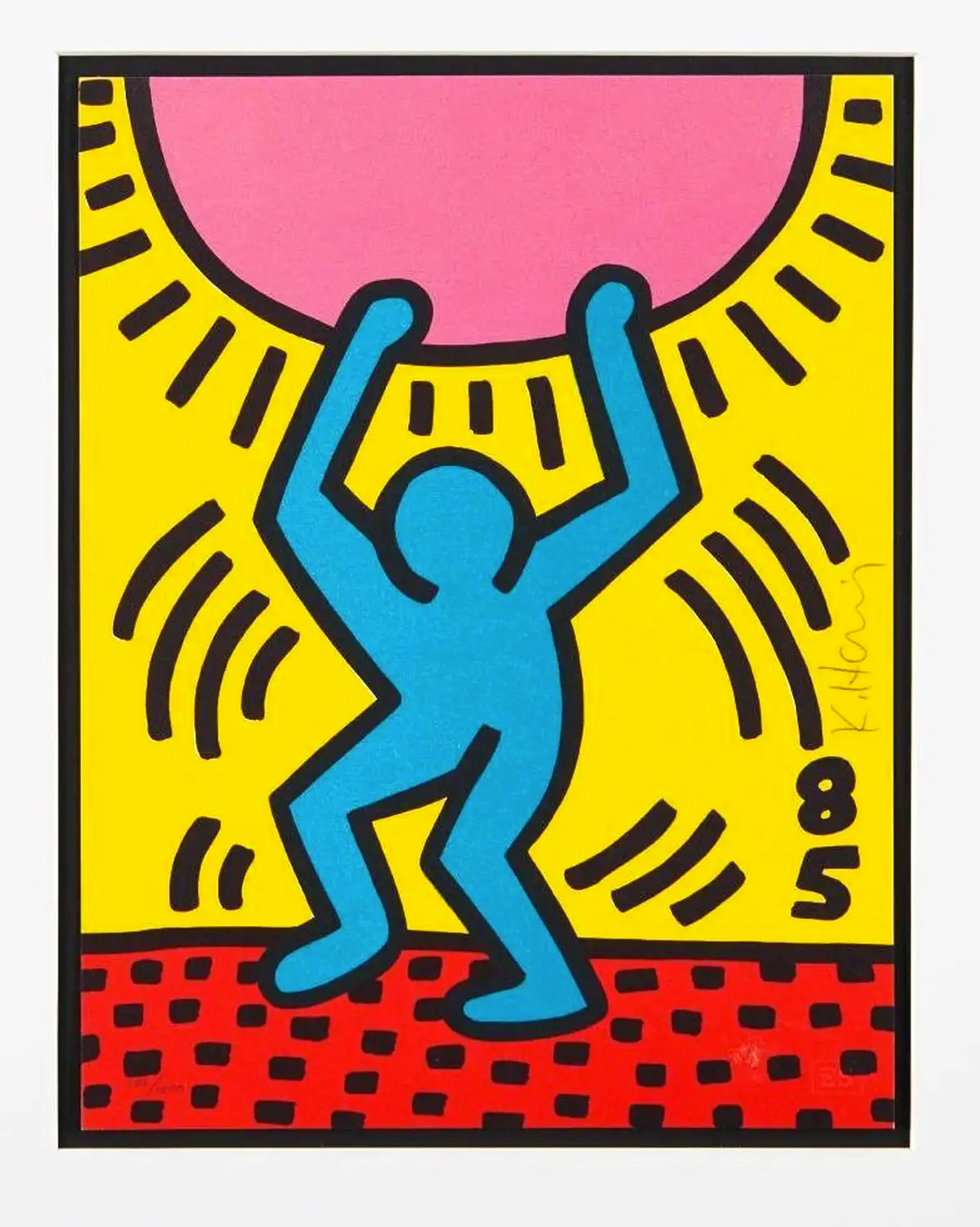 This print  shows a bright blue stick figure dancing underneath a pink sun, set against a glowing yellow backdrop and red landscape.