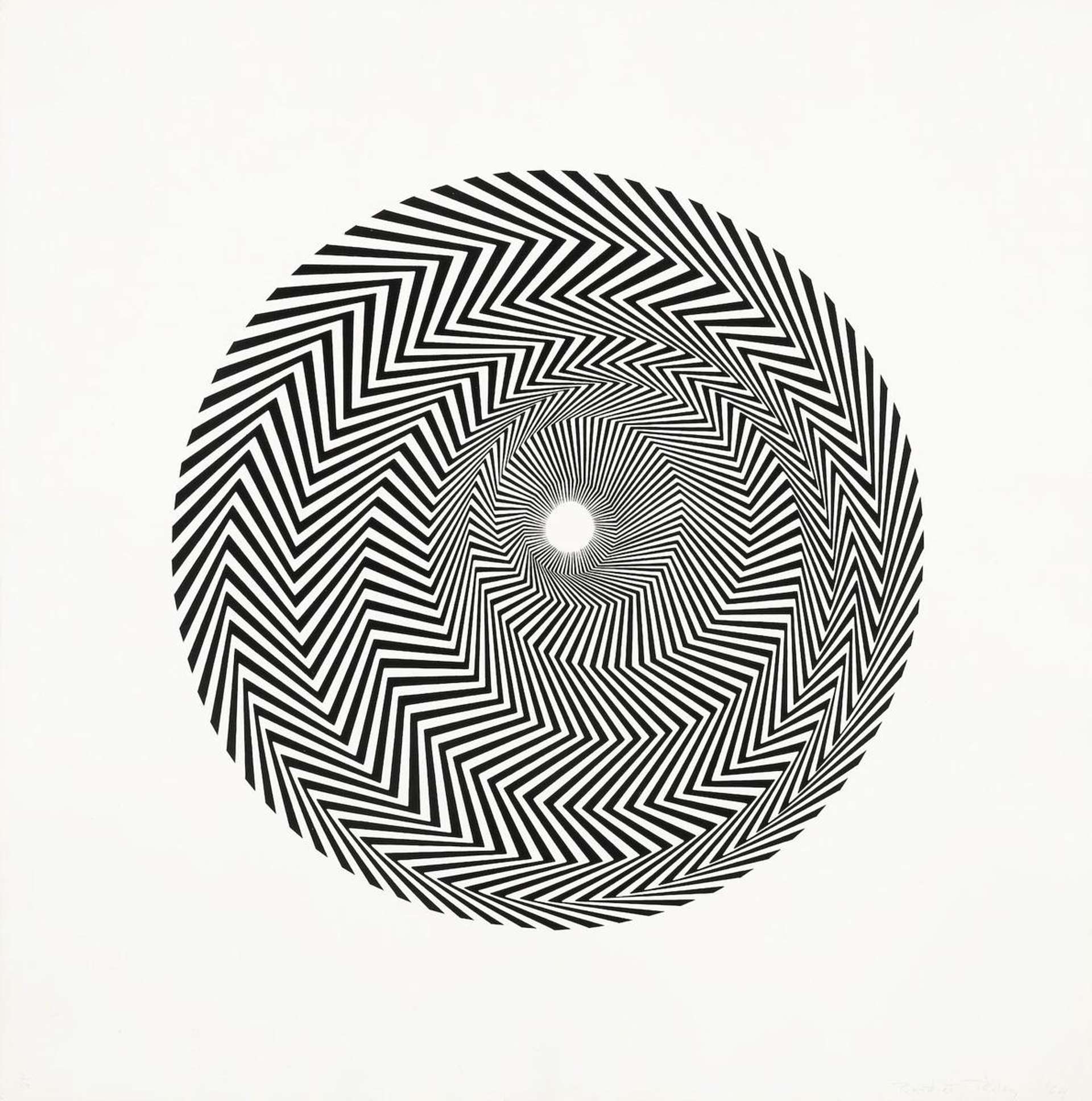 A monochrome succession of concentric circles, themselves composed of zig-zags. Where the ‘zigs’ of one circle meet the ‘zags’ of the next, chevrons form and the composition appears to rotate in opposing directions.