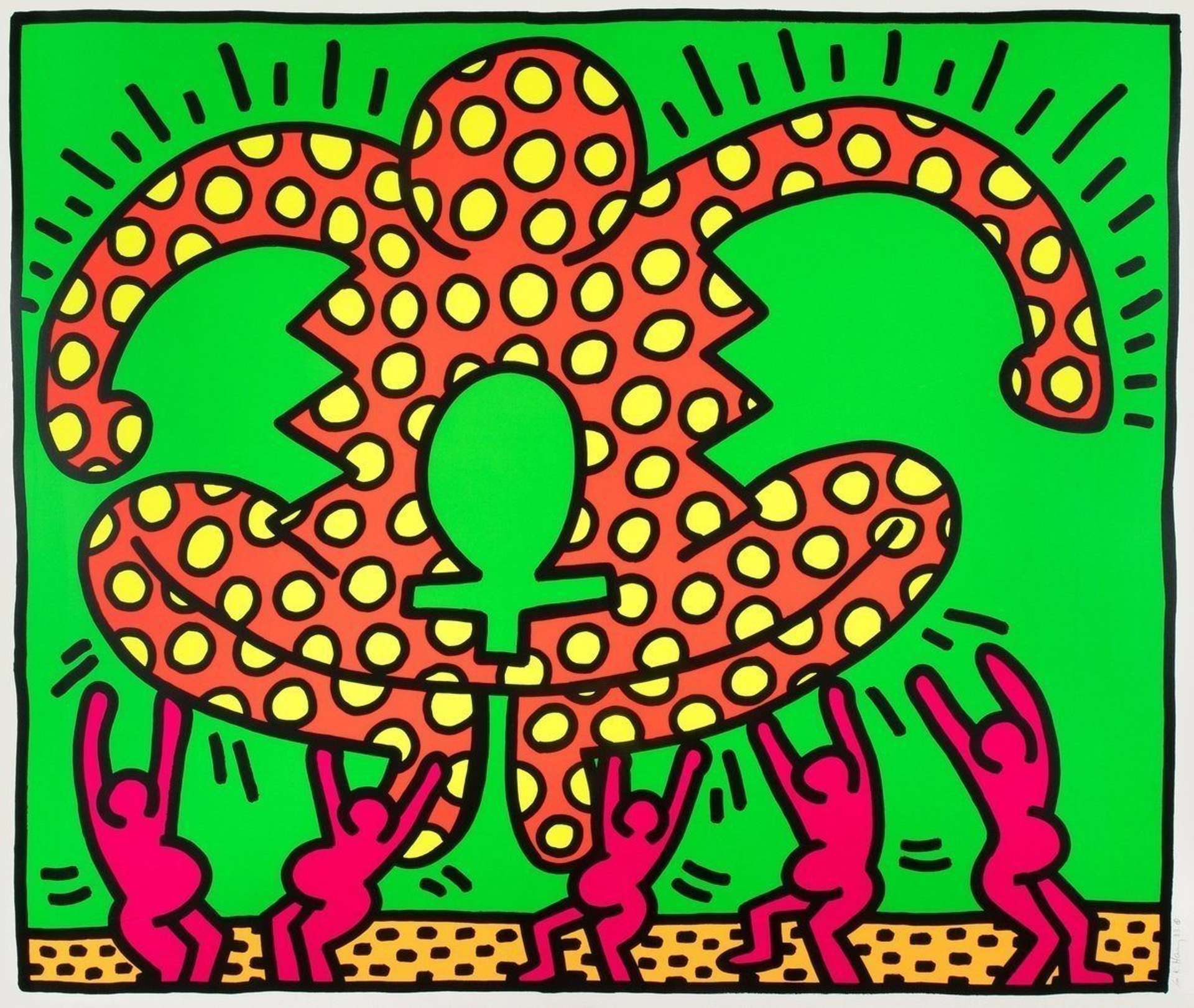 Keith Haring’s Fertility 5. A Pop Art screenprint of a red figure with yellow polka dots with pink pregnant figures lifting her up.