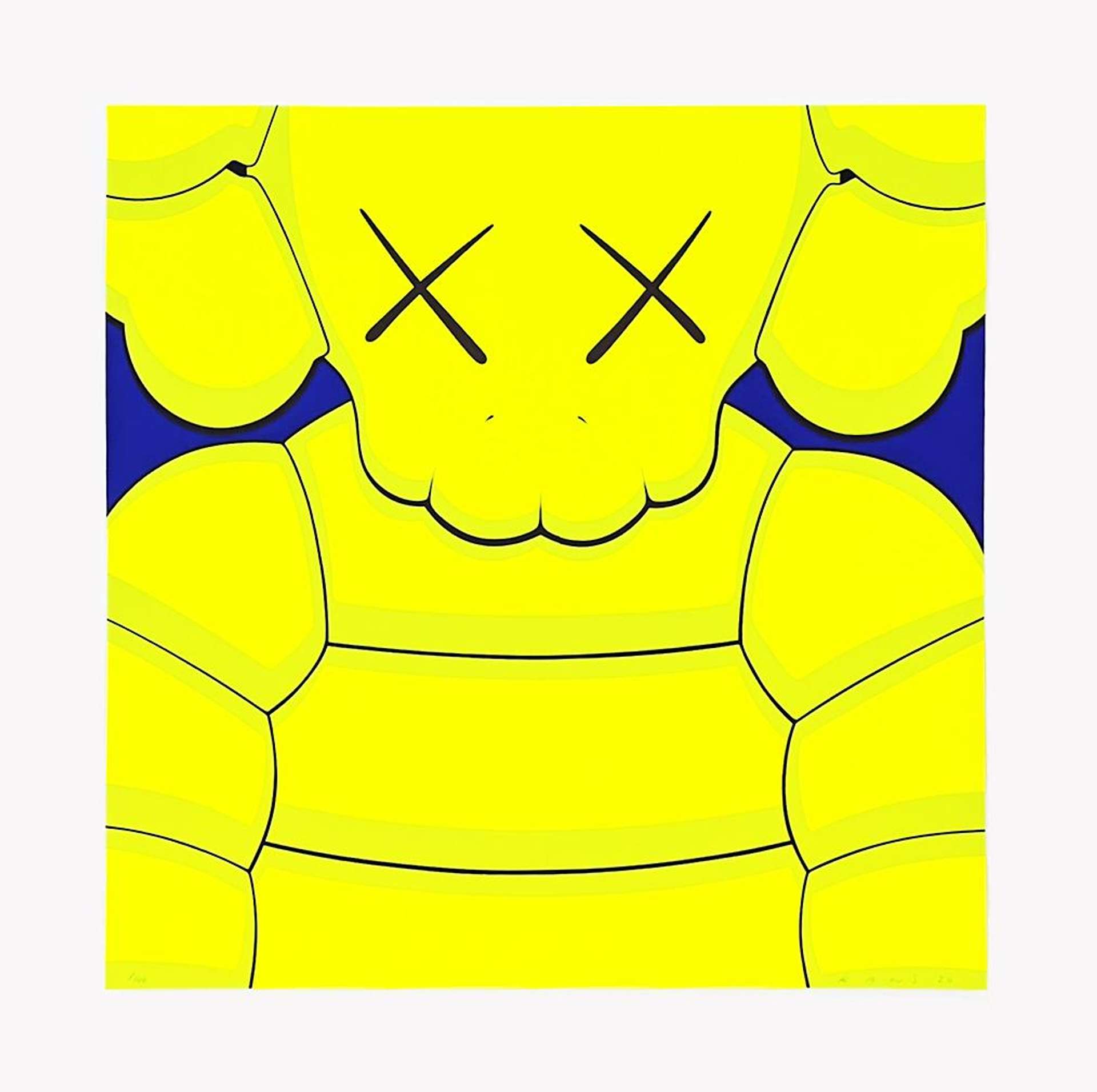 KAWS’ What Party (yellow on blue). A screenprint of a lime green character with two x marks for eyes against a navy blue background.