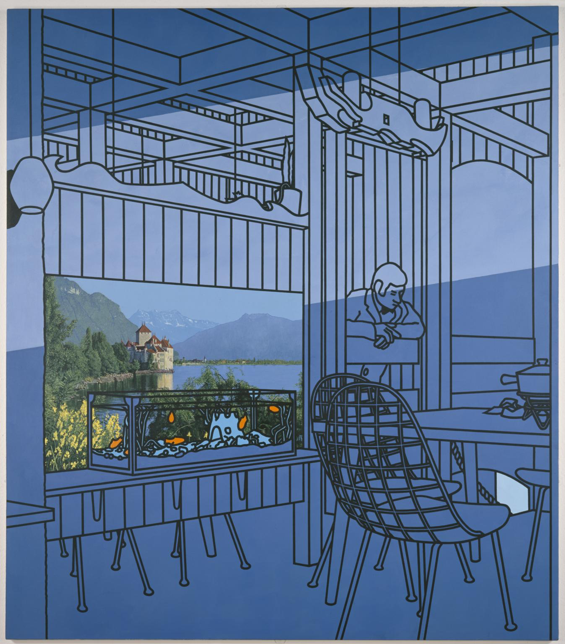 Photomural depicting a European town on a hill displayed in a restaurant, featuring a fish tank, unoccupied table and chairs, and a solitary waiter leaning in an alcove, all superimposed against an abstracted blue backdrop.