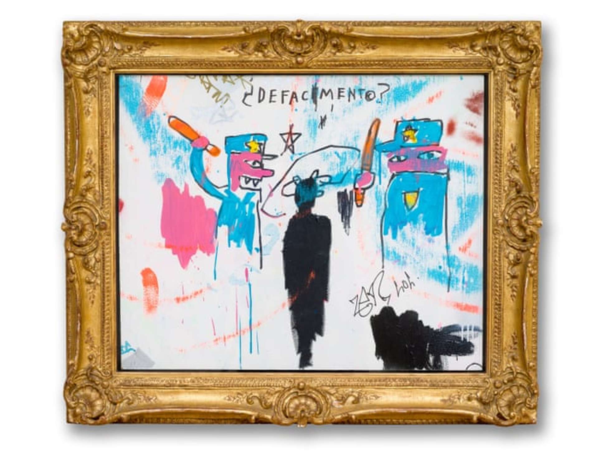 An image of the artwork Defacement by Jean-Michel Basquiat. It shows two policemen, depicted in a crude style, beating a figure in black with bats.