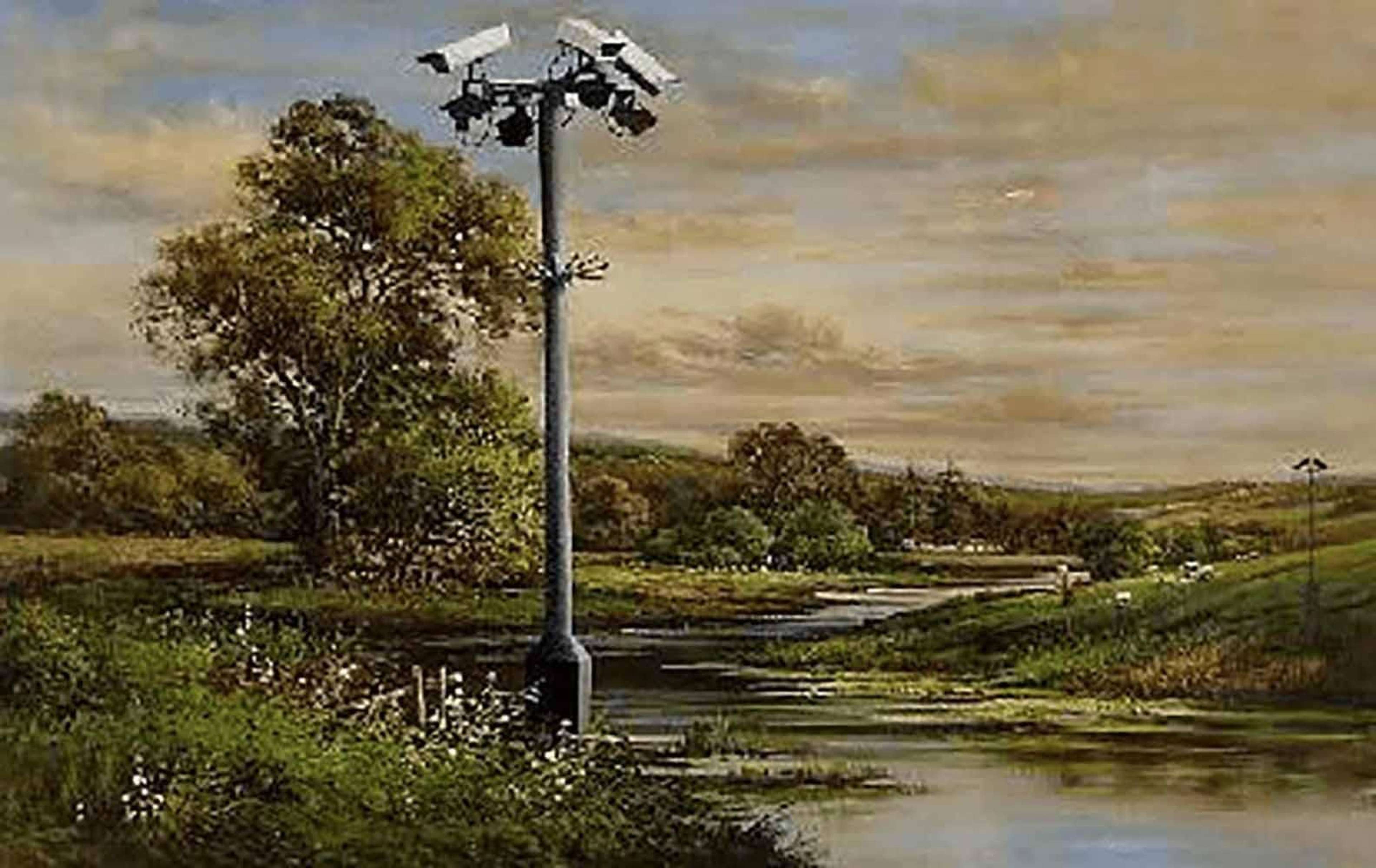 Banksy’s Countryside CCTV, 2006. An oil on canvas work of a surveillance post in the middle of a river in the country.
