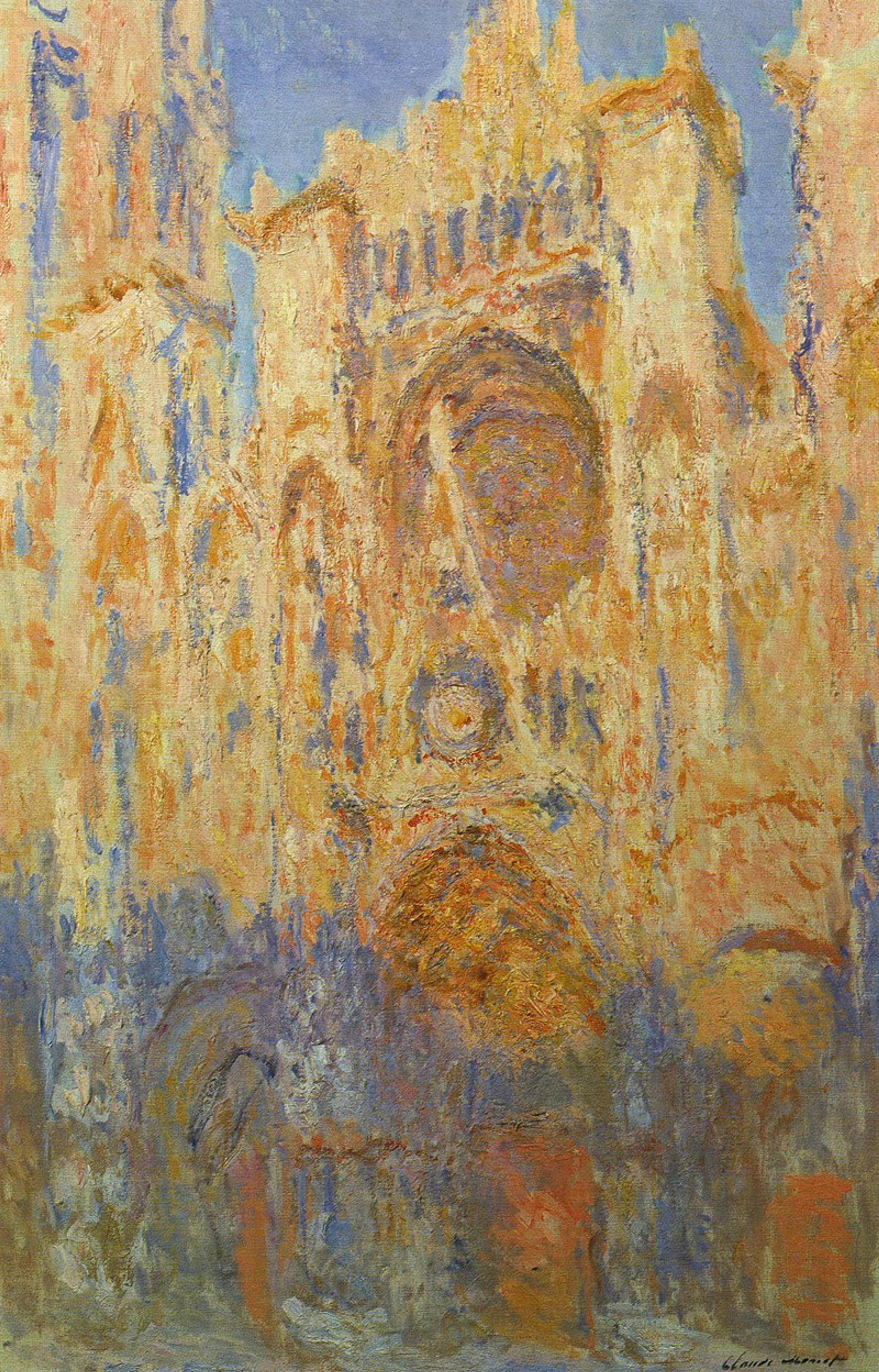 A view. ofthe Rouen Cathedral, done in large, blurred brushstrokes. The colour palette is mostly tone in tones of gold, with some blue to depict shadows and the sky