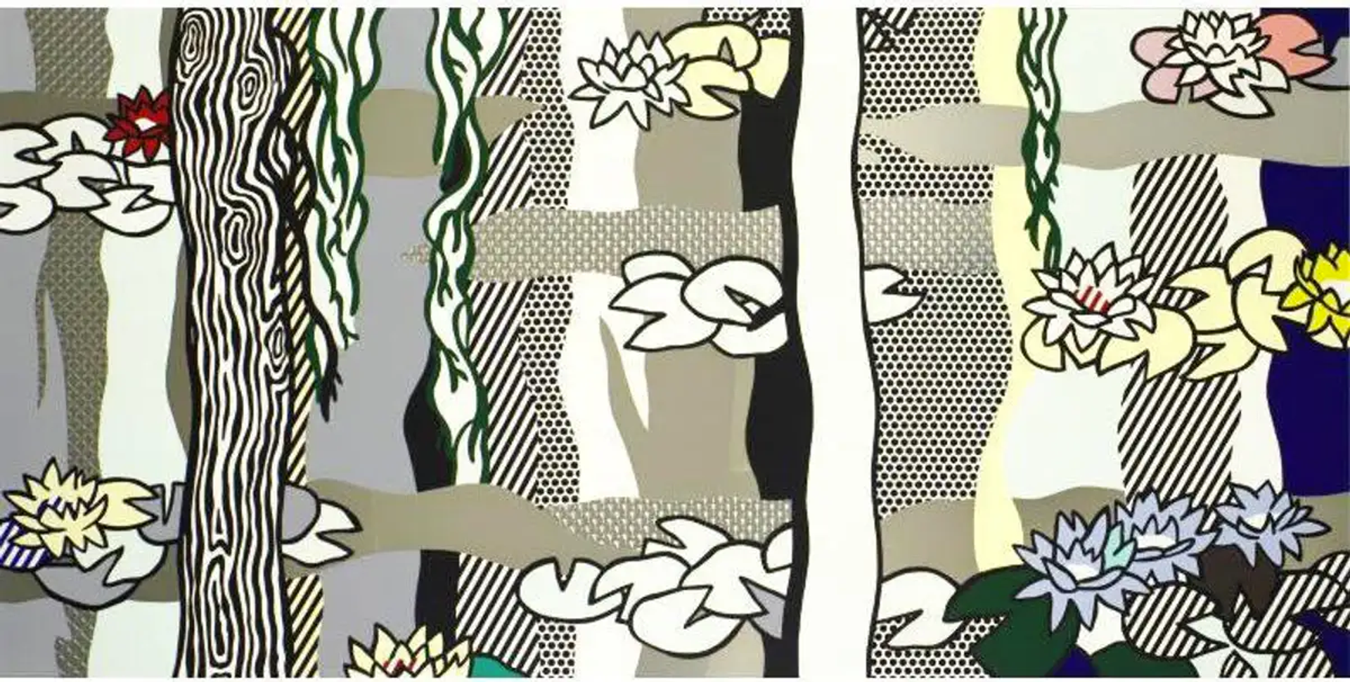 Water Lilies with Willows presents tree bark, lily pads, cascading willows and reflections, rendered in thick outlines, swirls, diagonal patterning, and Ben Day dots.