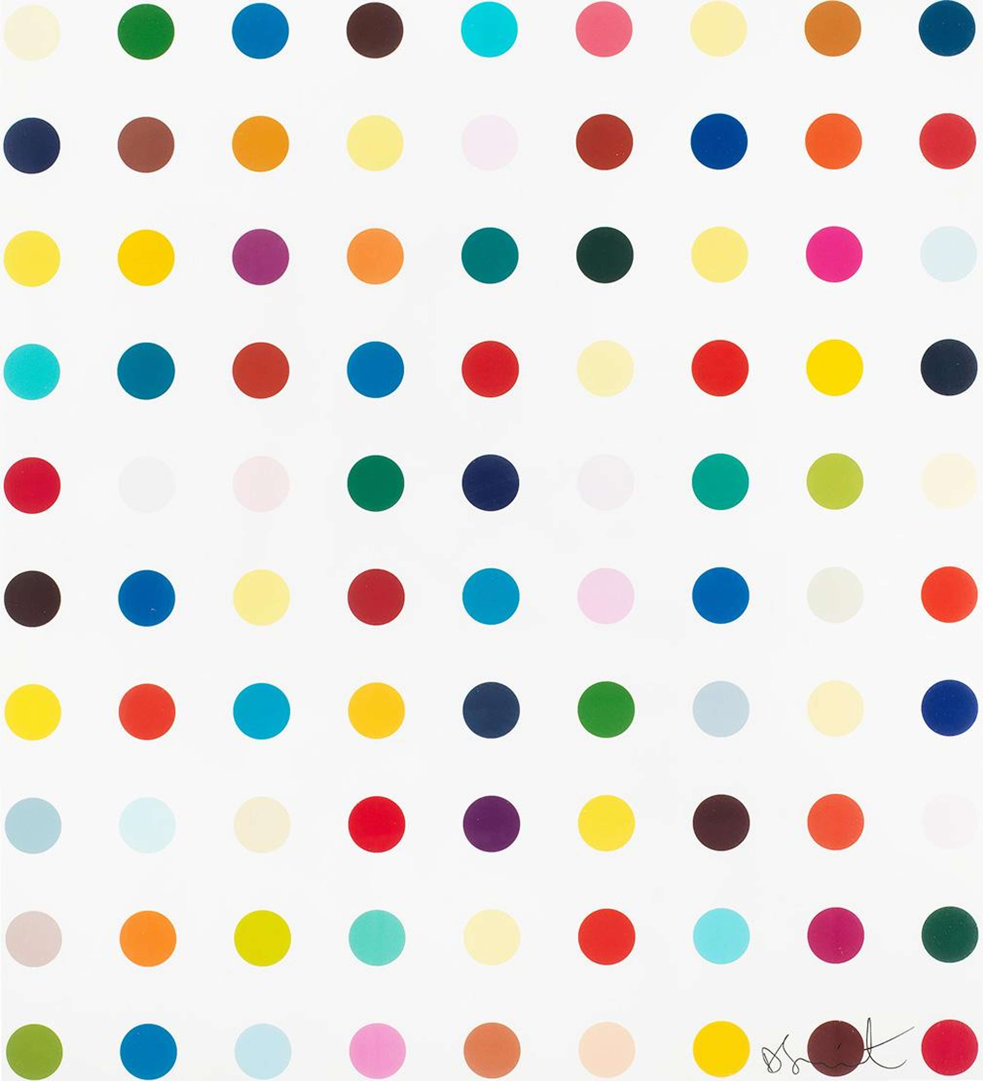 A photographic print by Damien Hirst depicting a series of multicoloured spots set against a white background, with the artist's signature written in black in the lower right corner of the composition.