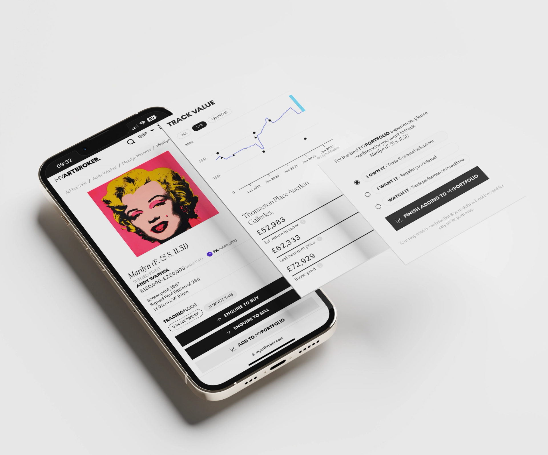 MyArtBroker’s MyPortfolio. A smartphone showing data on the prints market. 