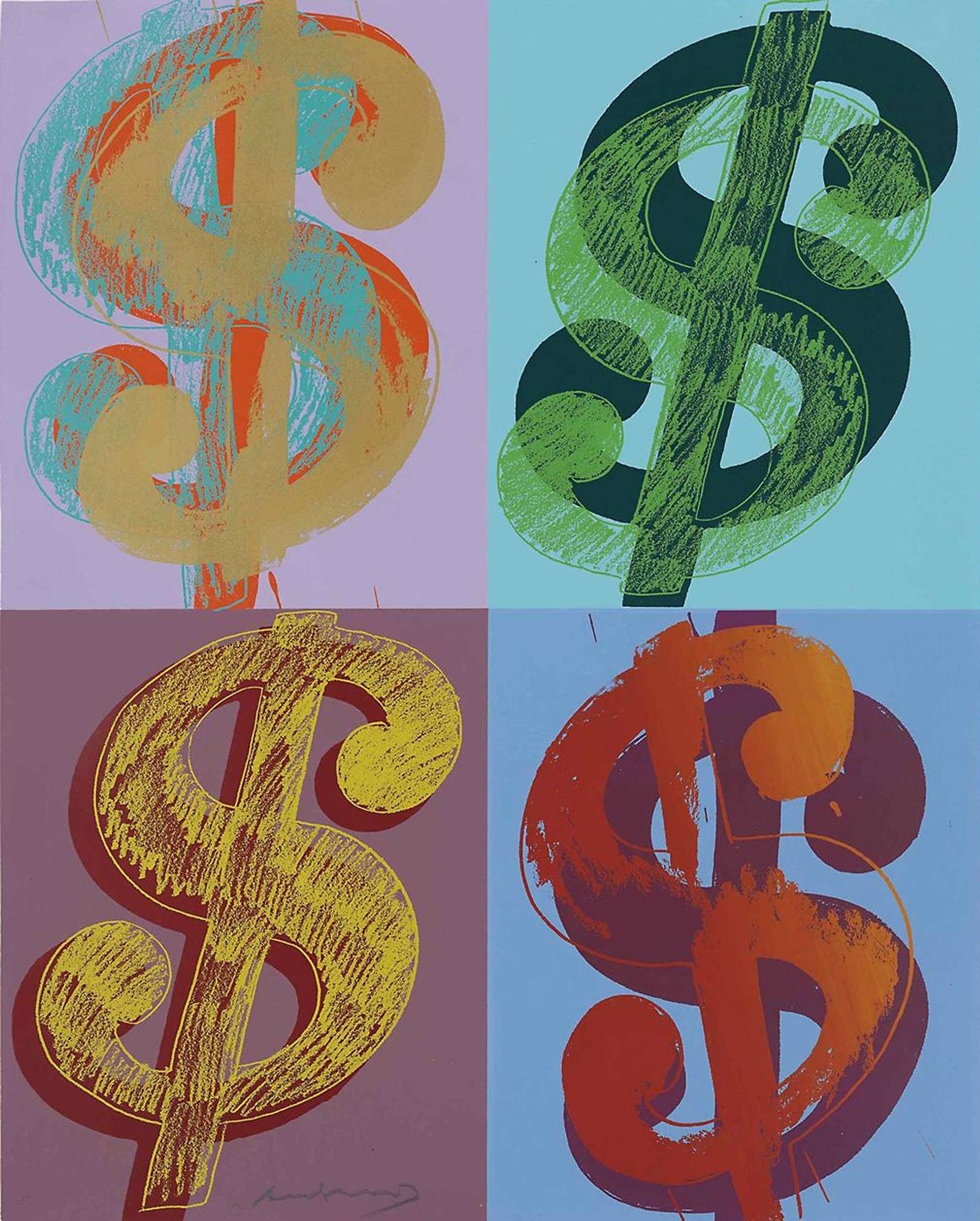 An image of the artwork Dollar sign Quad by Andy Warhol, which depicts four stylised dollar signs in different colour gradients.