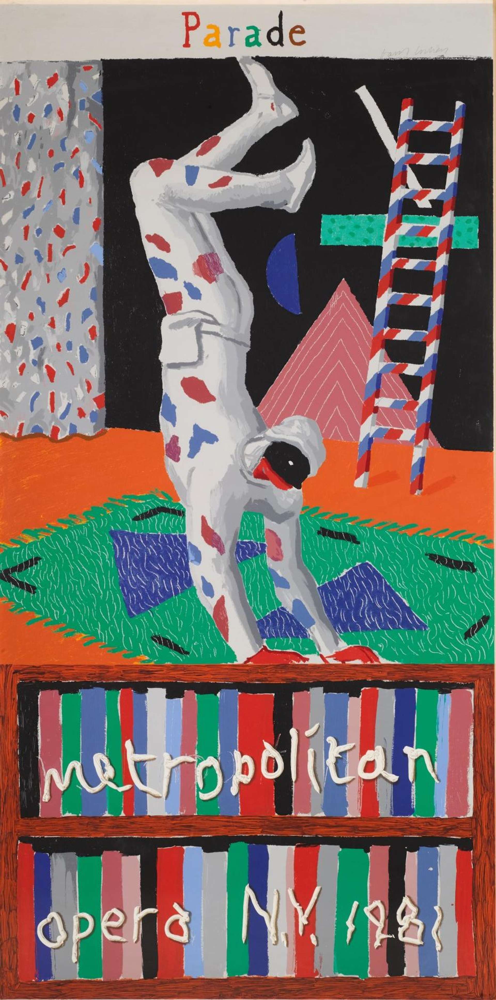 This print by Hockney shows a harlequin in a white leotard doing a handstand on a green carpet with blue triangles. In the background, geometric shapes and a ladder can be seen.