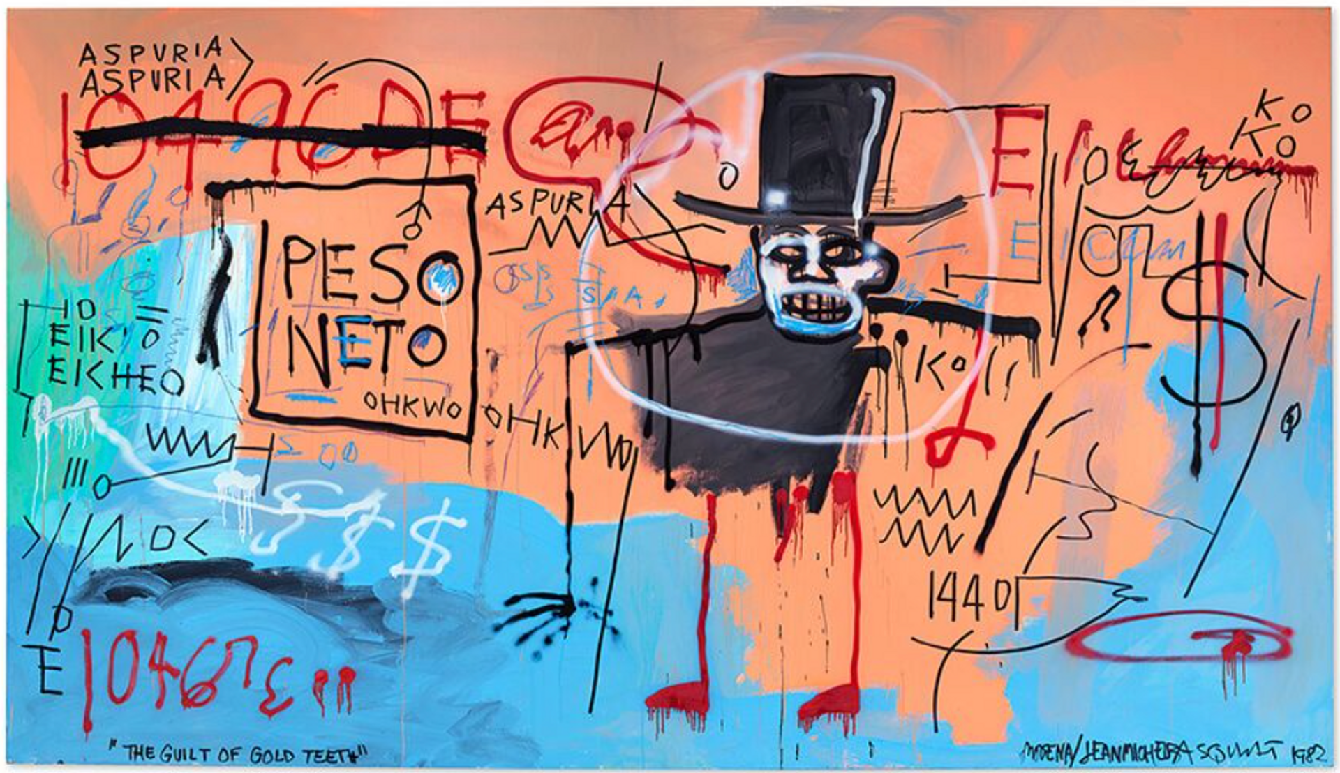 A vibrant painting by Jean-Michel Basquiat featuring a peach and blue background. The canvas is adorned with black and red scribbles, including various writings, symbols, and numbers. On the left side, there is a box with the word "PESO" above "NETO". In the center, a cartoon-like figure with stick legs, a ghostly face, yellow eyes, a wide grin, and a tall top hat can be seen. To the right of the painting, there is a United States dollar sign.