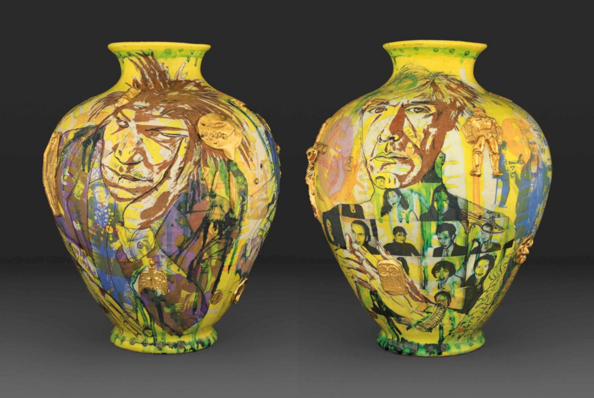 Yellow vase by Grayson Perry, depicting Andy Warhol and Jean-Michel Basquiat and portrait photo transfers.