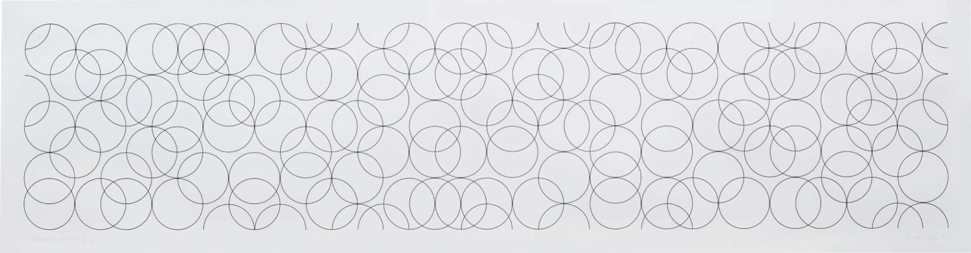 Bridget Riley’s Composition With Circles 4. An Op Art screenprint of rows of interlocking circles across a white background.