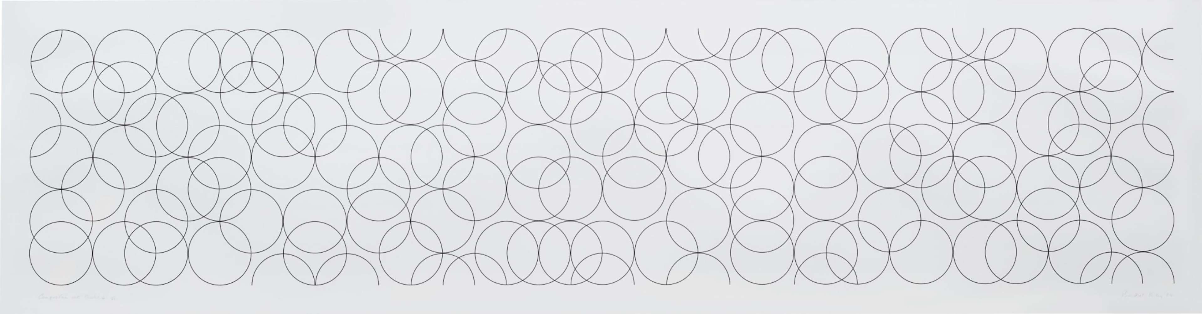 Bridget Riley’s Composition With Circles 4. An Op Art screenprint of rows of interlocking circles across a white background.