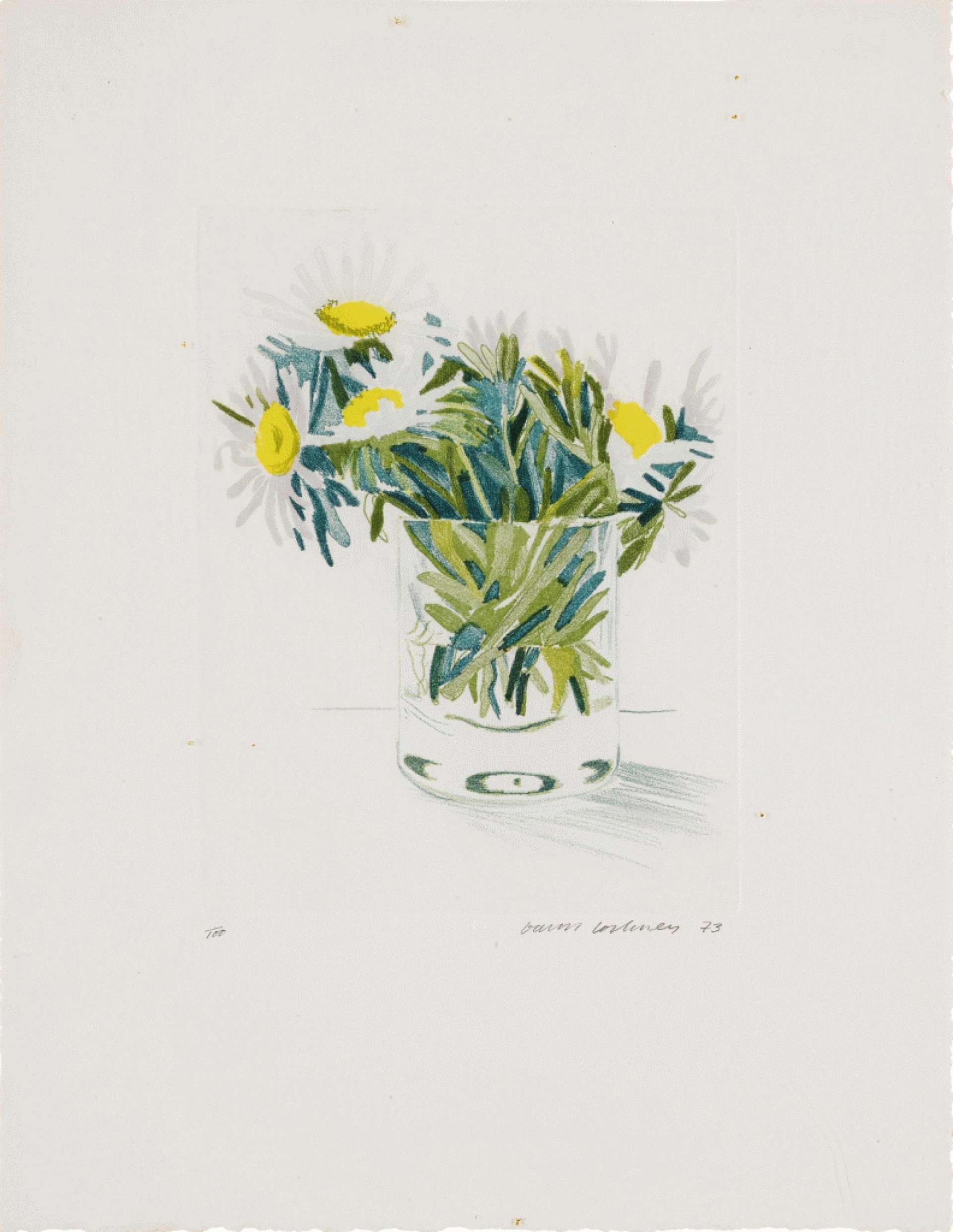 An etching and aquatint artwork by David Hockney depicting a bouquet of white flowers against a blank background.