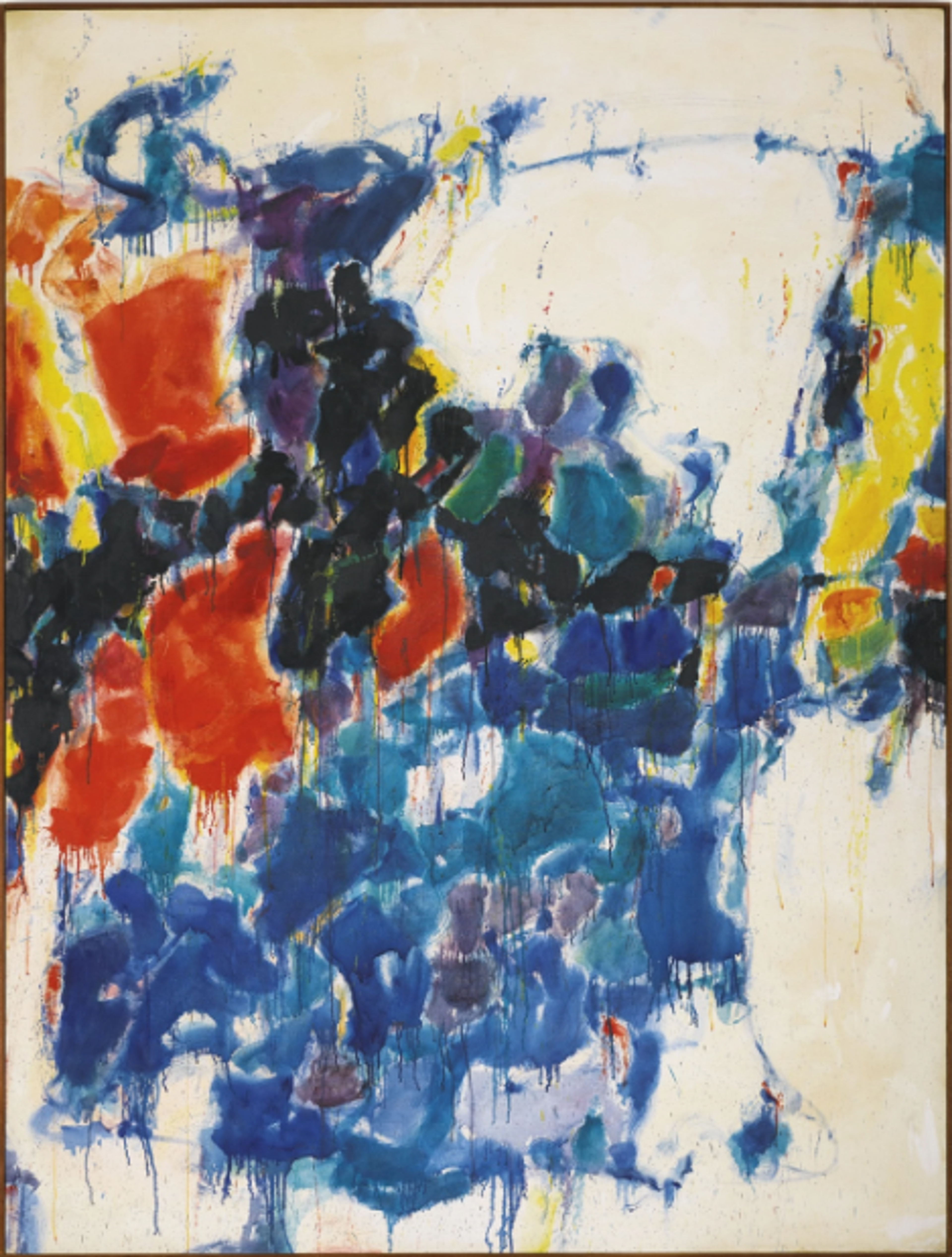 An abstract composition featuring bold brushstrokes in vivid blue, red, black, and yellow, which form independent cells clustered around the middle and lower half of the canvas. The colours bleed and drip, creating a sense of spontaneity and movement. Around these cells of colour is vast white empty space, emphasising the energy of the colours themselves.