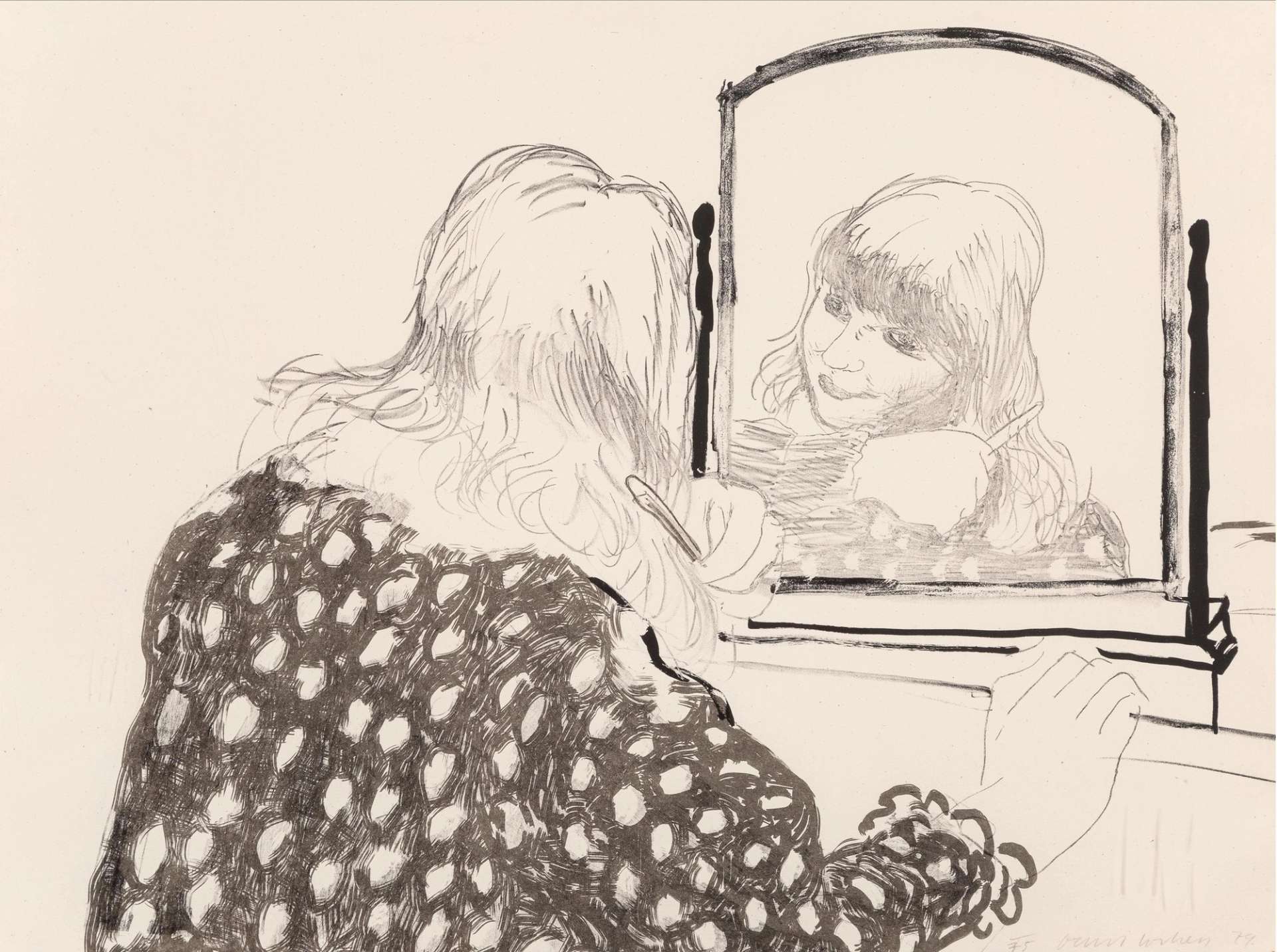David Hockney’s Ann Combing Her Hair. A lithographic print of a woman wearing a polka dot style garment, looking into a mirror as she combs her hair.