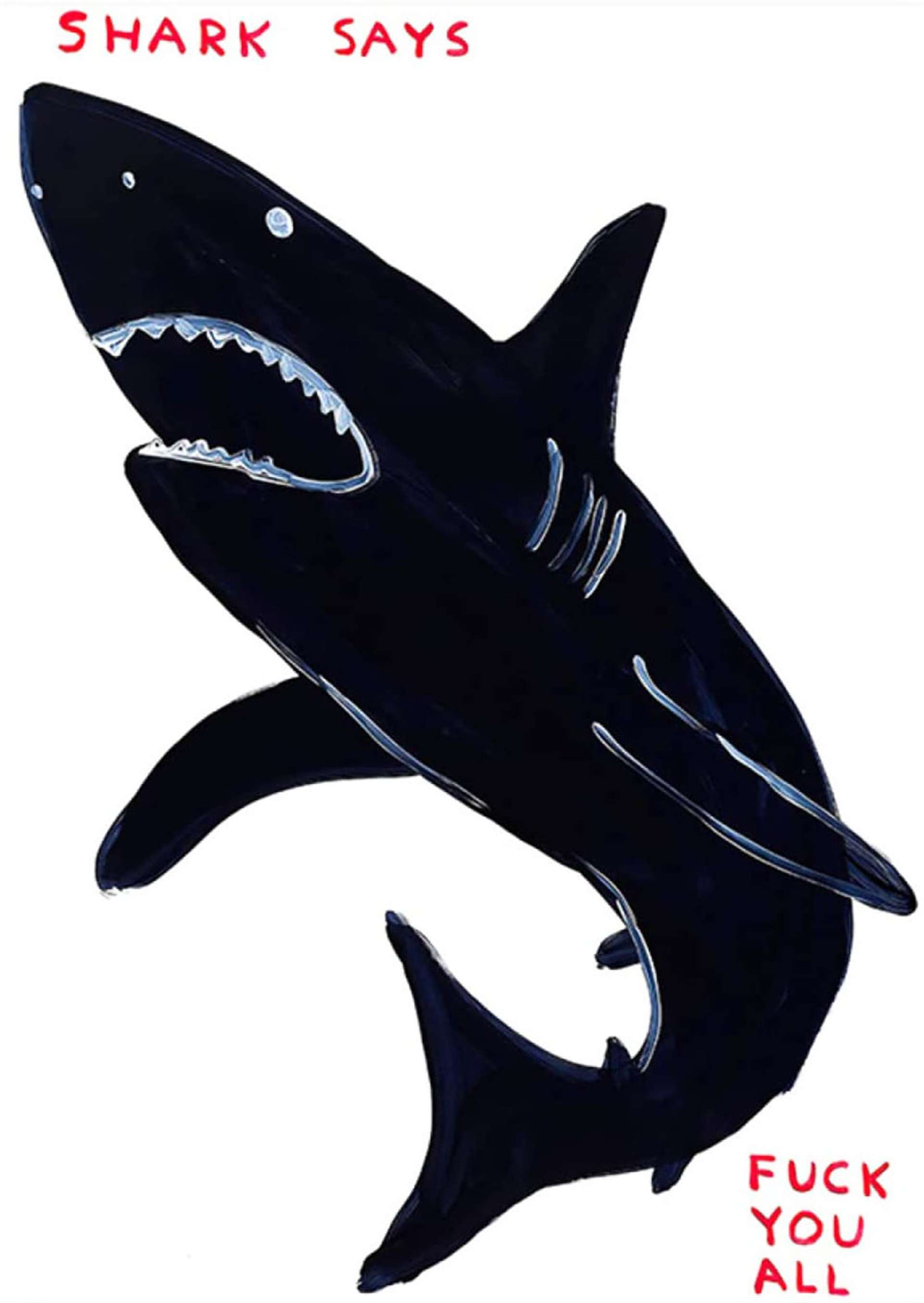 Black shark baring its teeth with “shark says... fuck you all” written in red