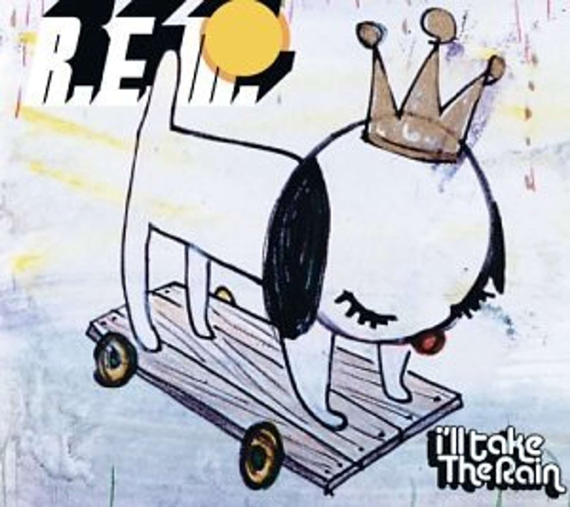 An image of the album cover for I’ll Take The Rain, painted by artist Yoshimoto Nara. It depicts a crown-bearing dog atop a wooden cart.