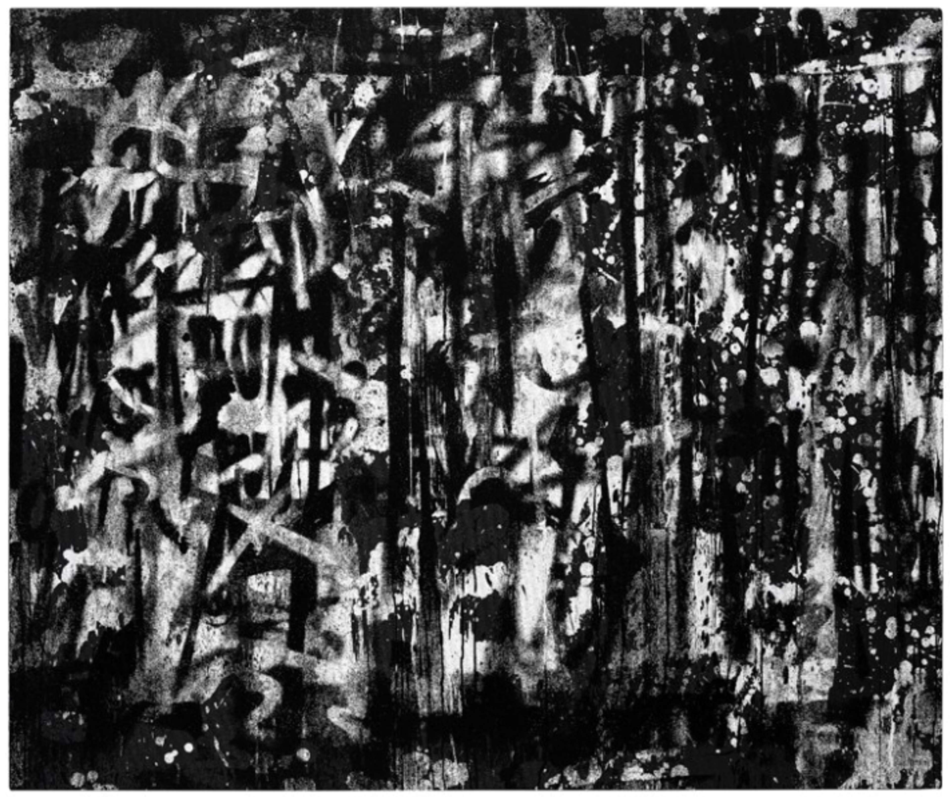 A large-scale canvas artwork by Adam Pendleton displaying monochromatic illegible words with scattered recognisable letters in disarray. The canvas is spray-painted and marked with gestural brushstrokes.