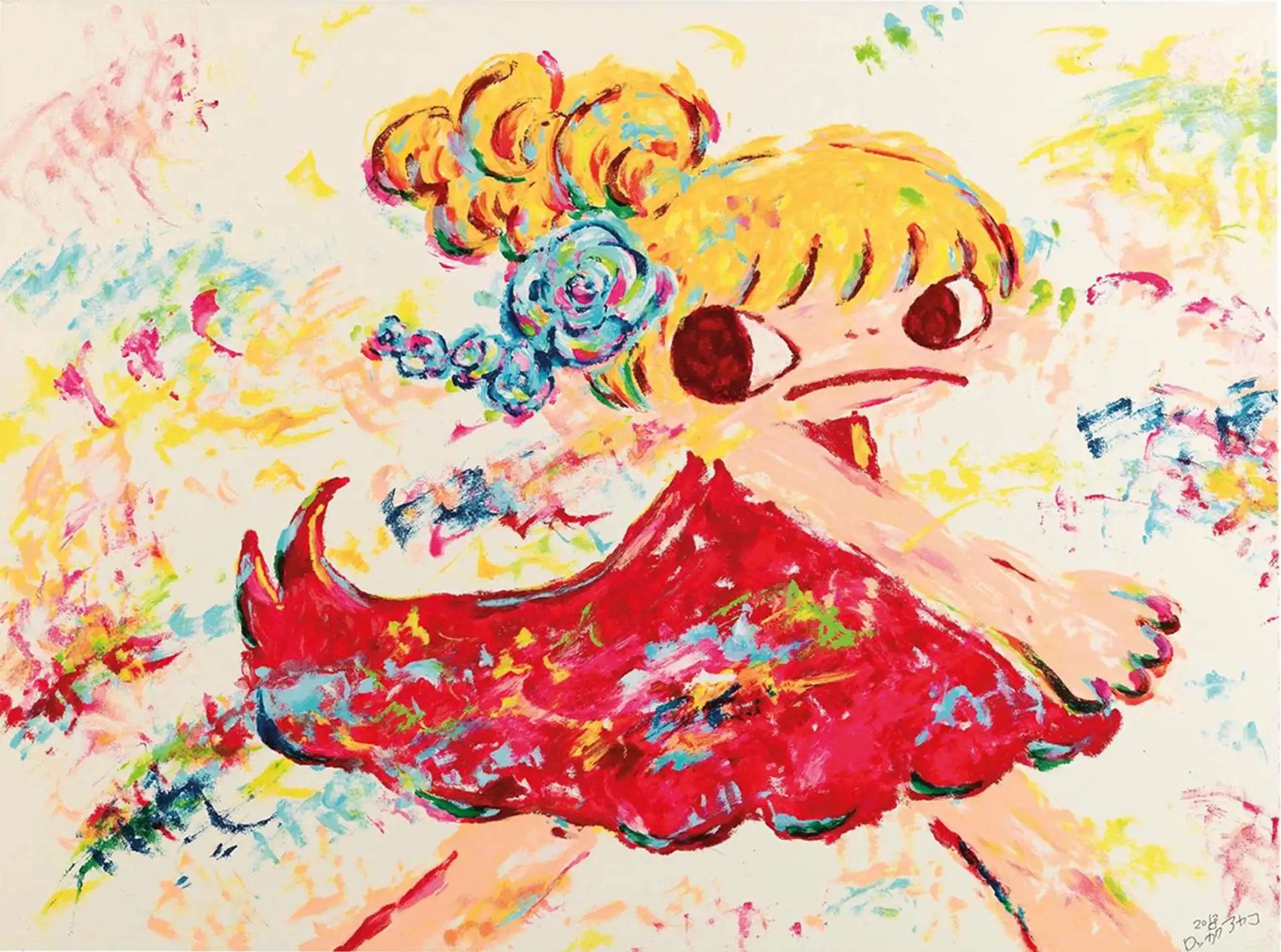 A depiction of a sad girl with blonde hair tied up in a complicated bun, striding from left to right. She wears a dark pink dress, with a blue flower in her hair. The style is messy and naive, with bright, contrasting pastel colours layered on top of each other to create depth.