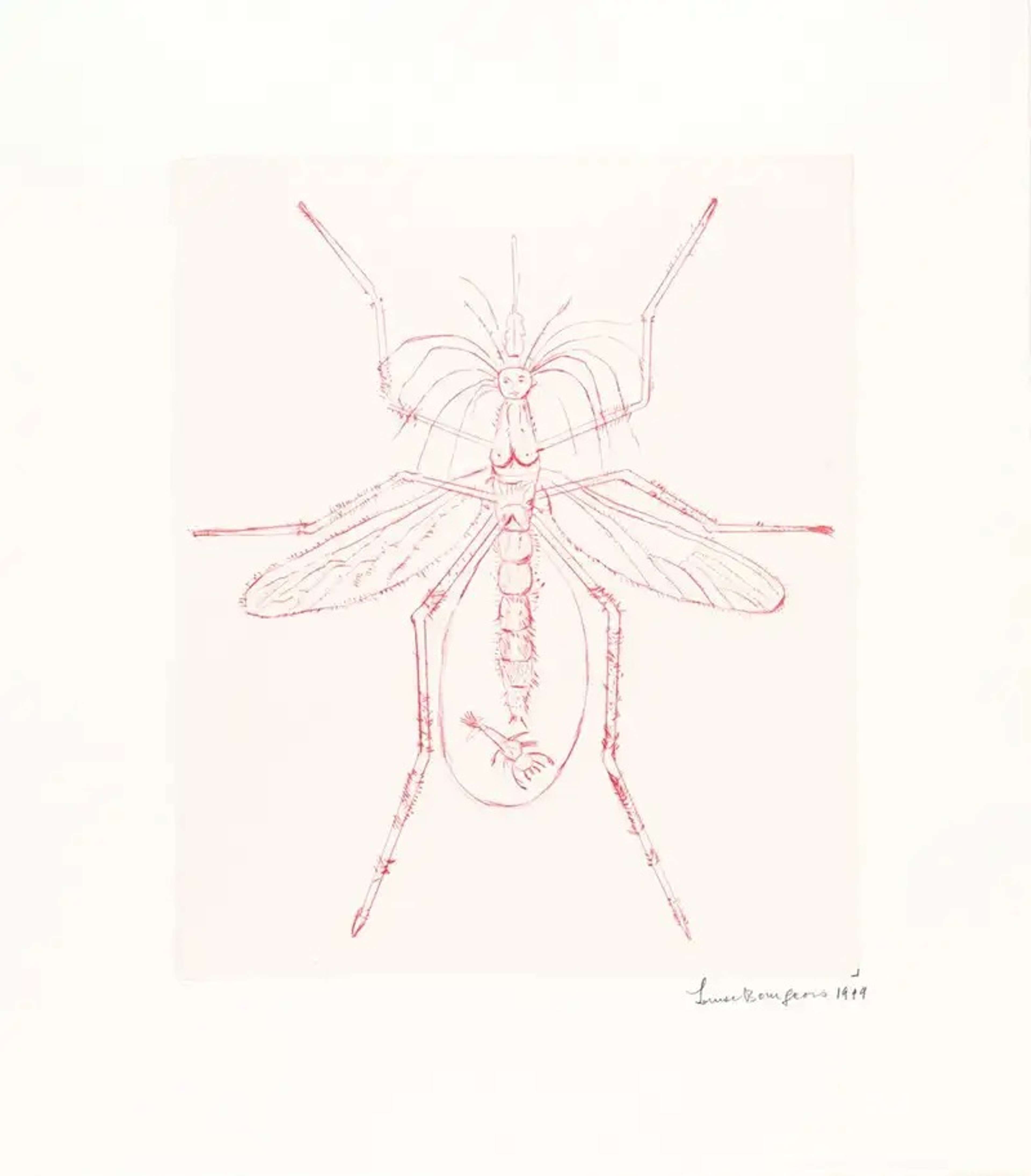 Louise Bourgeois’ Mosquito. A drypoint print of a red mosquito in the likeness of a woman with a child in its womb.