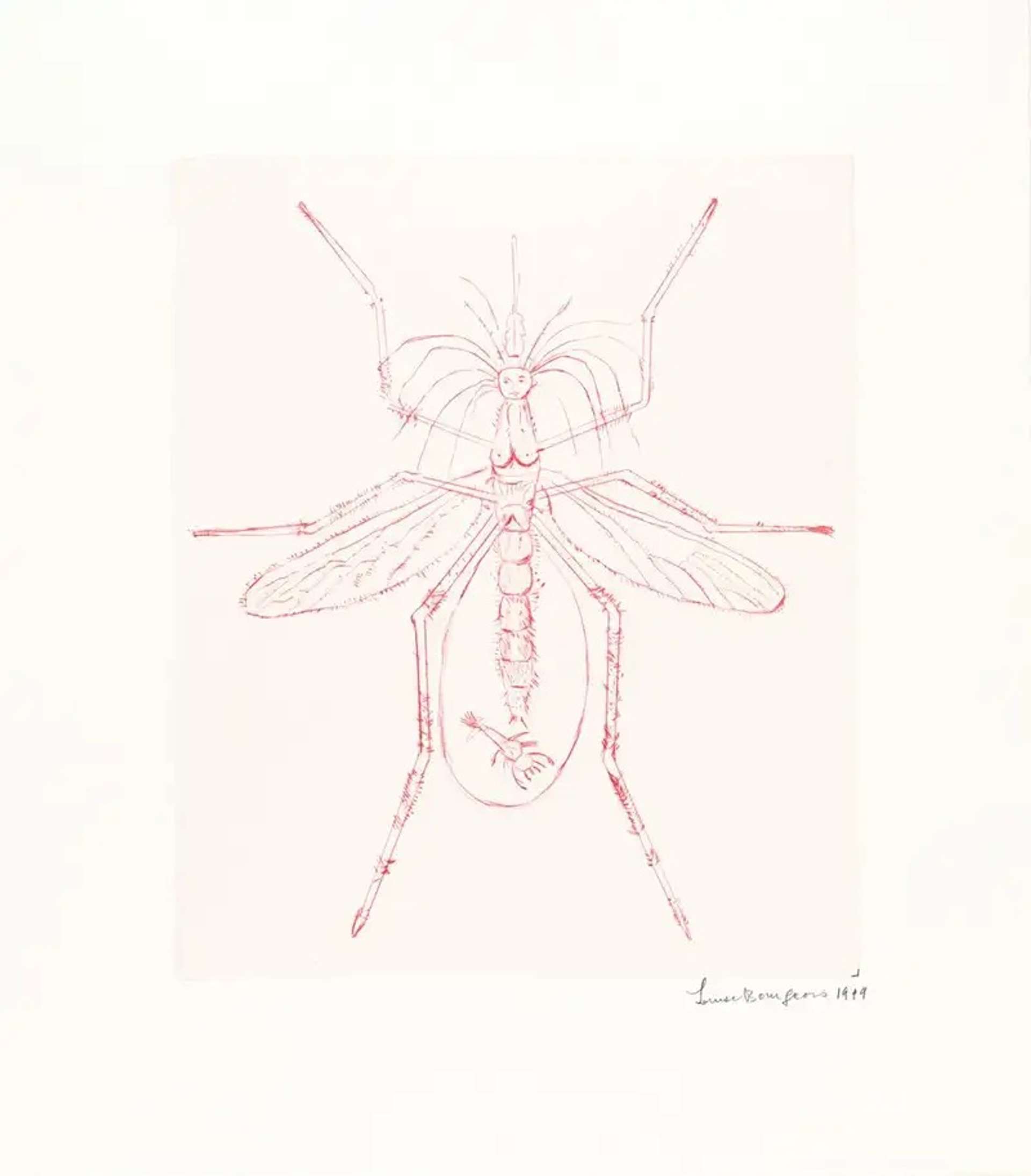 Louise Bourgeois’ Mosquito. A drypoint print of a red mosquito in the likeness of a woman with a child in its womb.