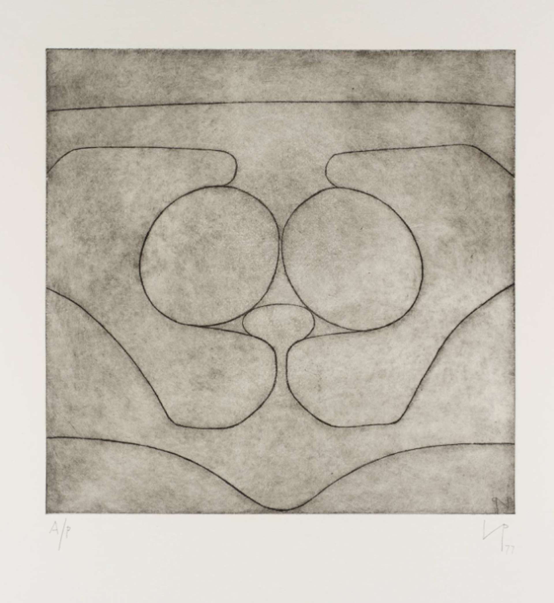 A mixed media painting titled "The Cave of Calypso II" by Victor Pasmore, featuring sharp, angular shapes in the foreground, and softer, organic shapes in muted shades in the background.