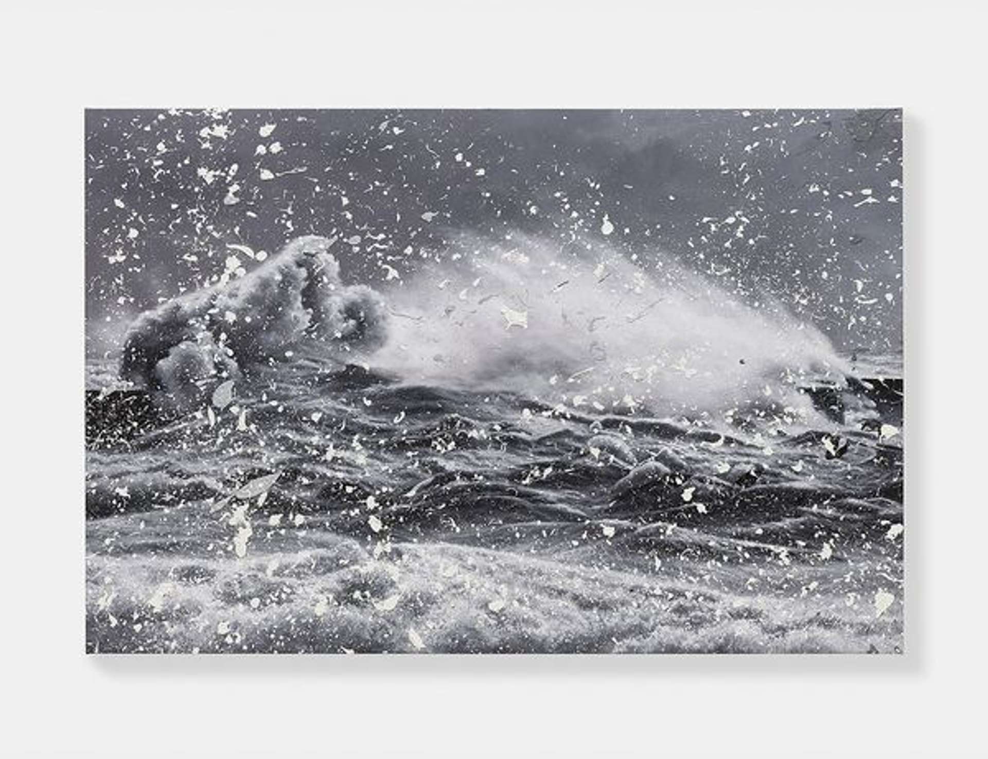 An image of the painting Cyclone by Damien Hirst, showing a photorealistic large wave emerging from the sea. The water gushes upwards, and a large amount of white and grey paint splatter partly covers the work.