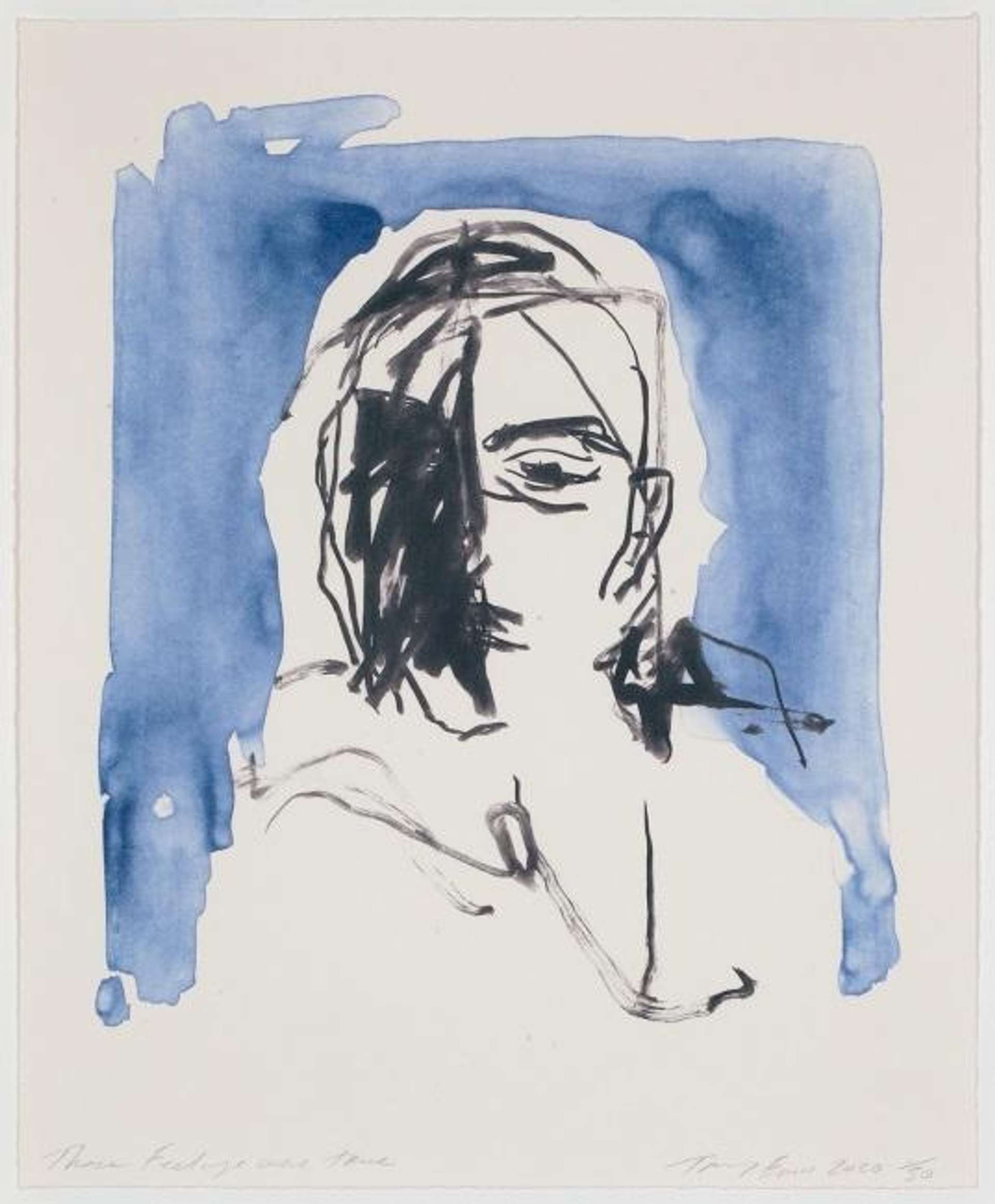 A lithograph by Tracey Emin showing her self portrait against a wash of blue ink.