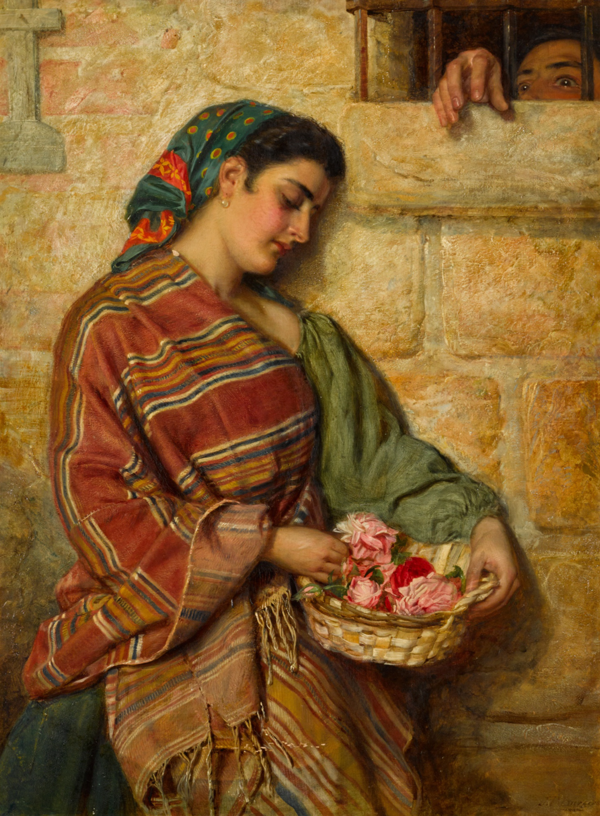 An image of the painting The Offering by John Bagnold Burgess. It shows a woman carrying a basket of flowers, about to give one to a prisoner who appears in the top right corner.