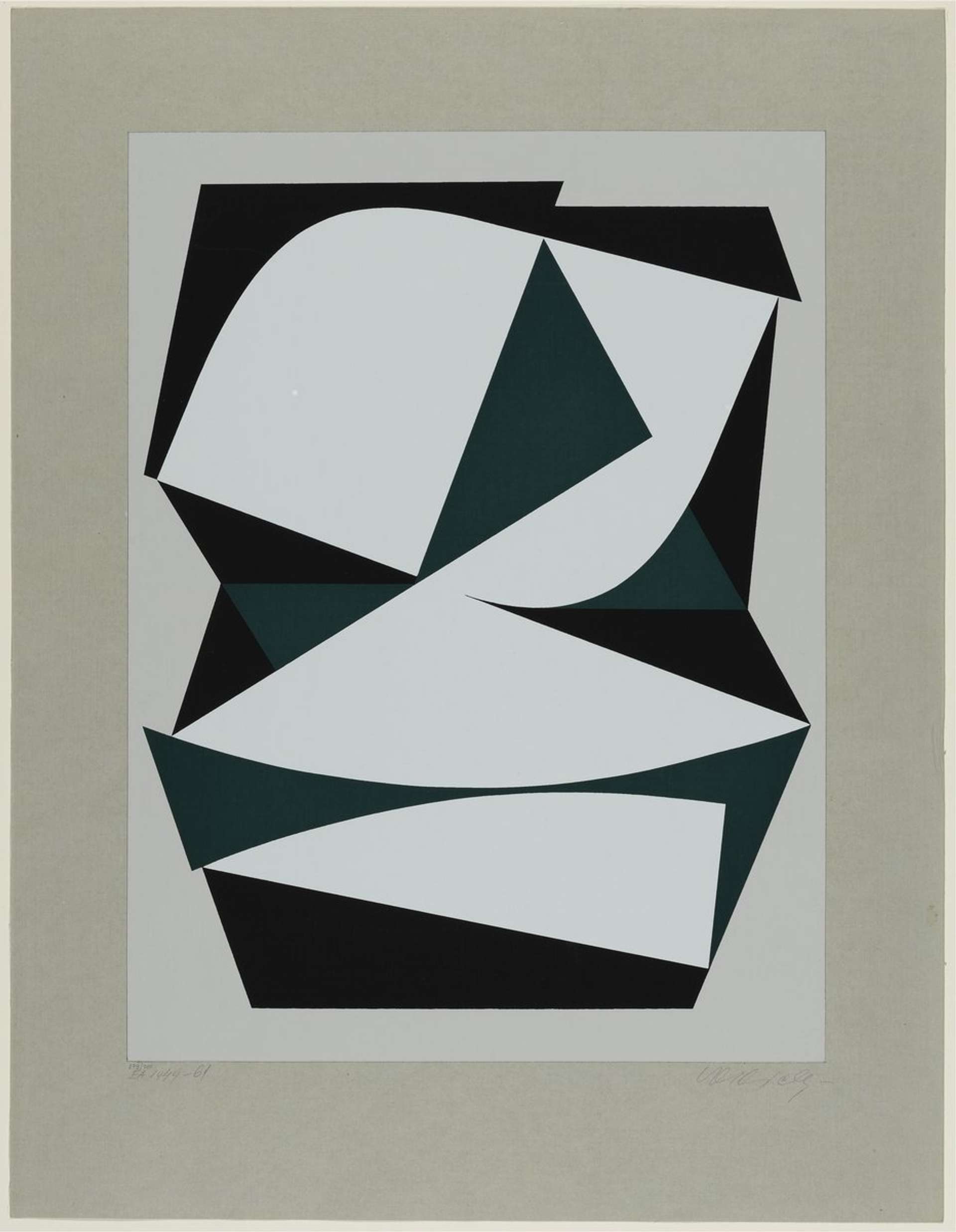 An abstracted composition of various geometric forms and triangular shapes in black and dark green that disrupt a centre white rectangle that is further surrounded by a beige background.