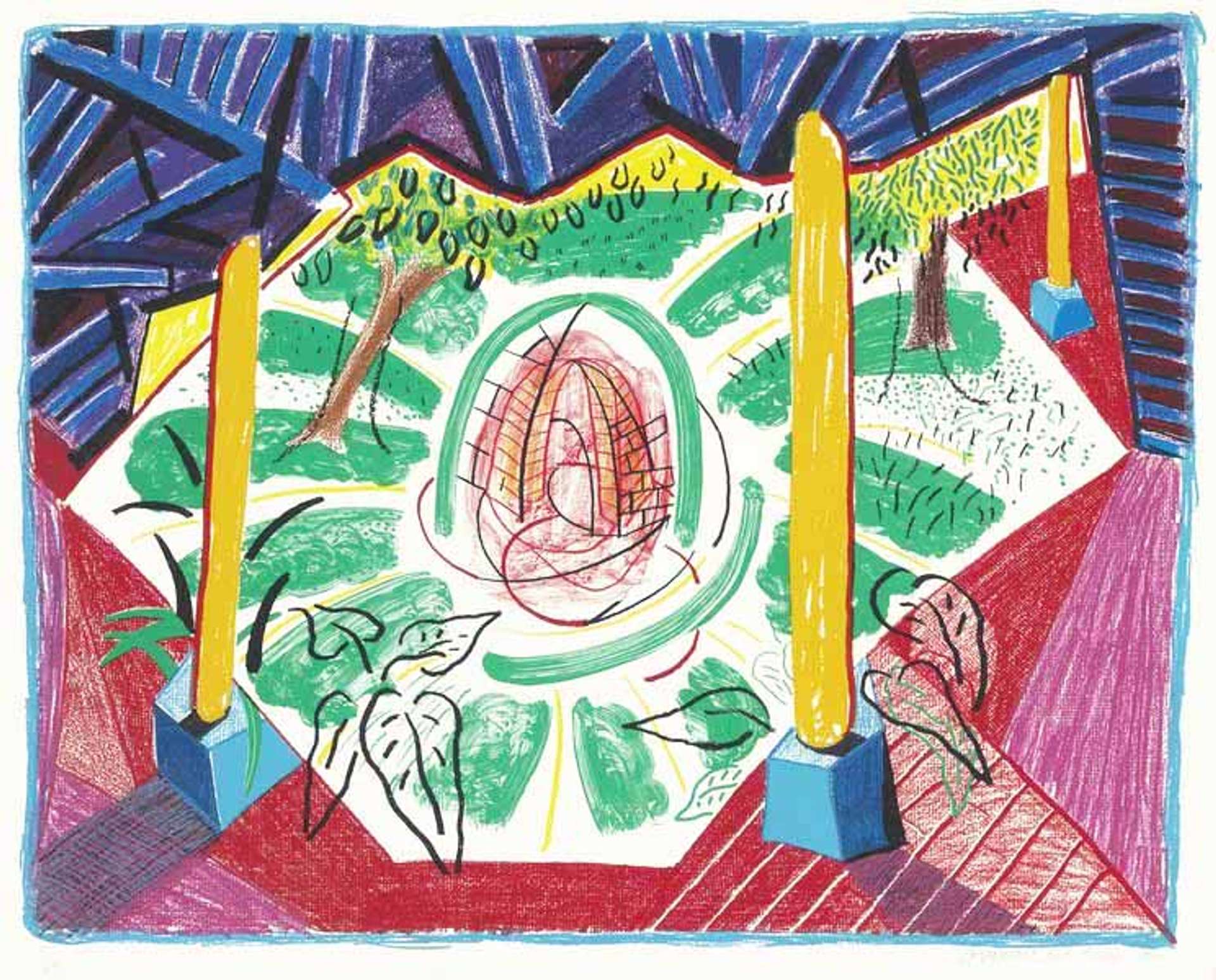 David Hockney’s View Of Hotel Well II. A lithographic print of a panoramic view of an exterior setting of a hotel’s well.