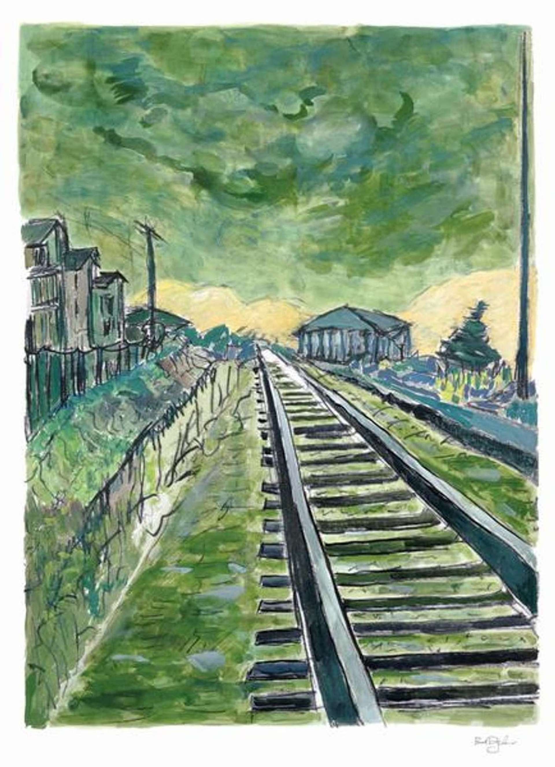  A landscape by artist Bob Dylan. This one depicts a city built around some train tracks, with the colour green dominating the colour palette.