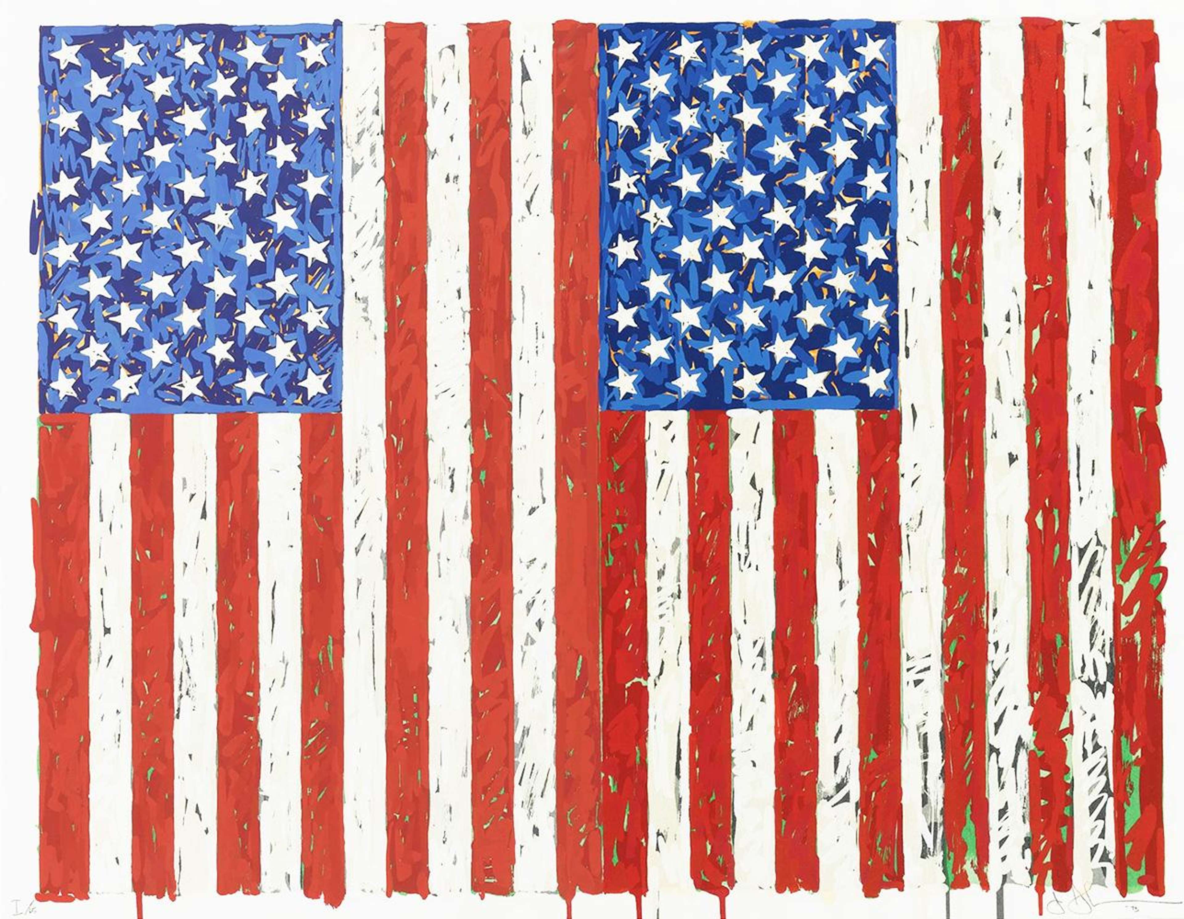 A screenprint by Jasper Johns depicting two American flags side by side, the stripes and stars delineated in a painterly manner.