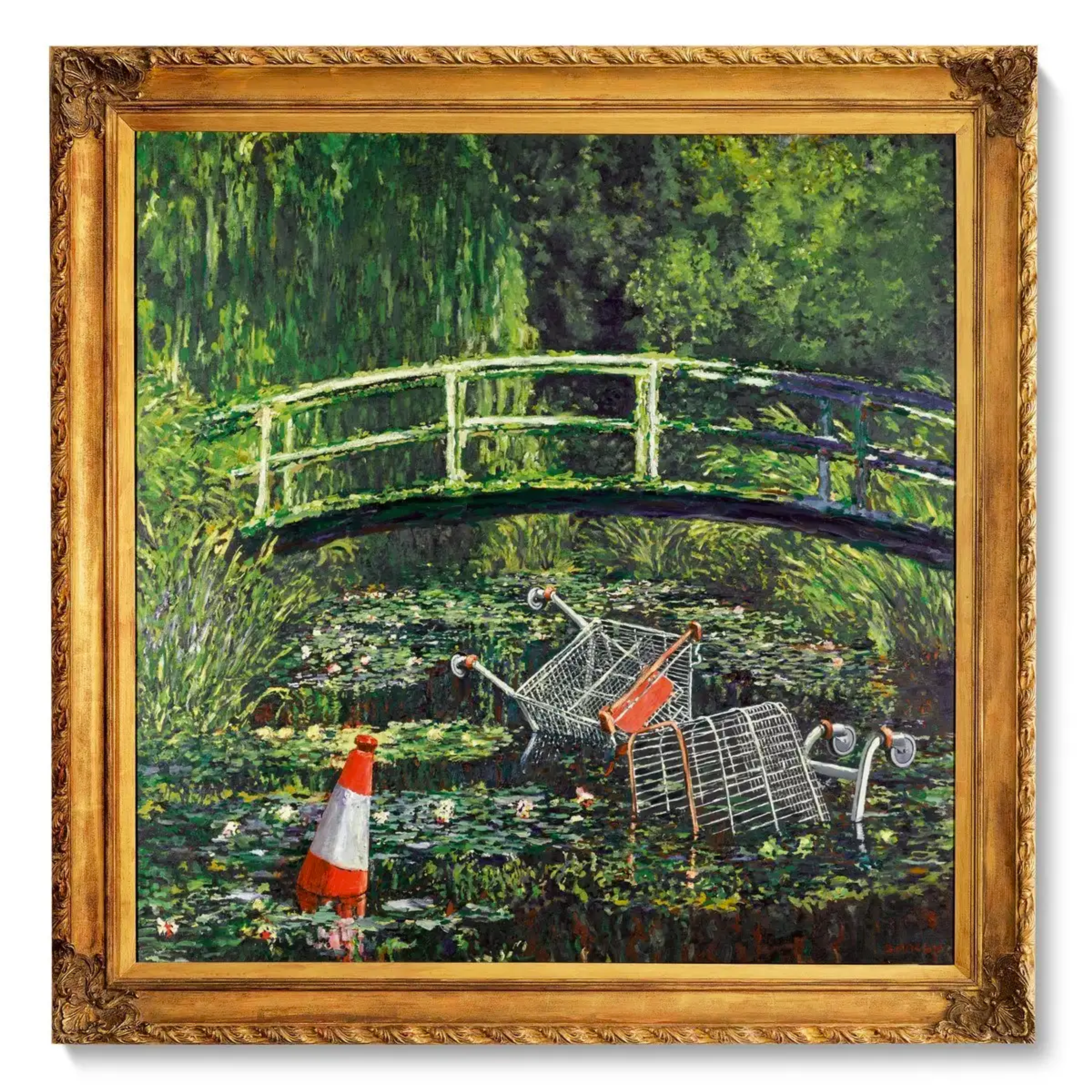 This image shows a painting within a golden frame. The painting shows Monet's garden at Giverny, with the Japanese bridge overlooking a pond with water lilies. Banksy, however, has added a traffic cone and two discarded supermarket trolleys to the scene.