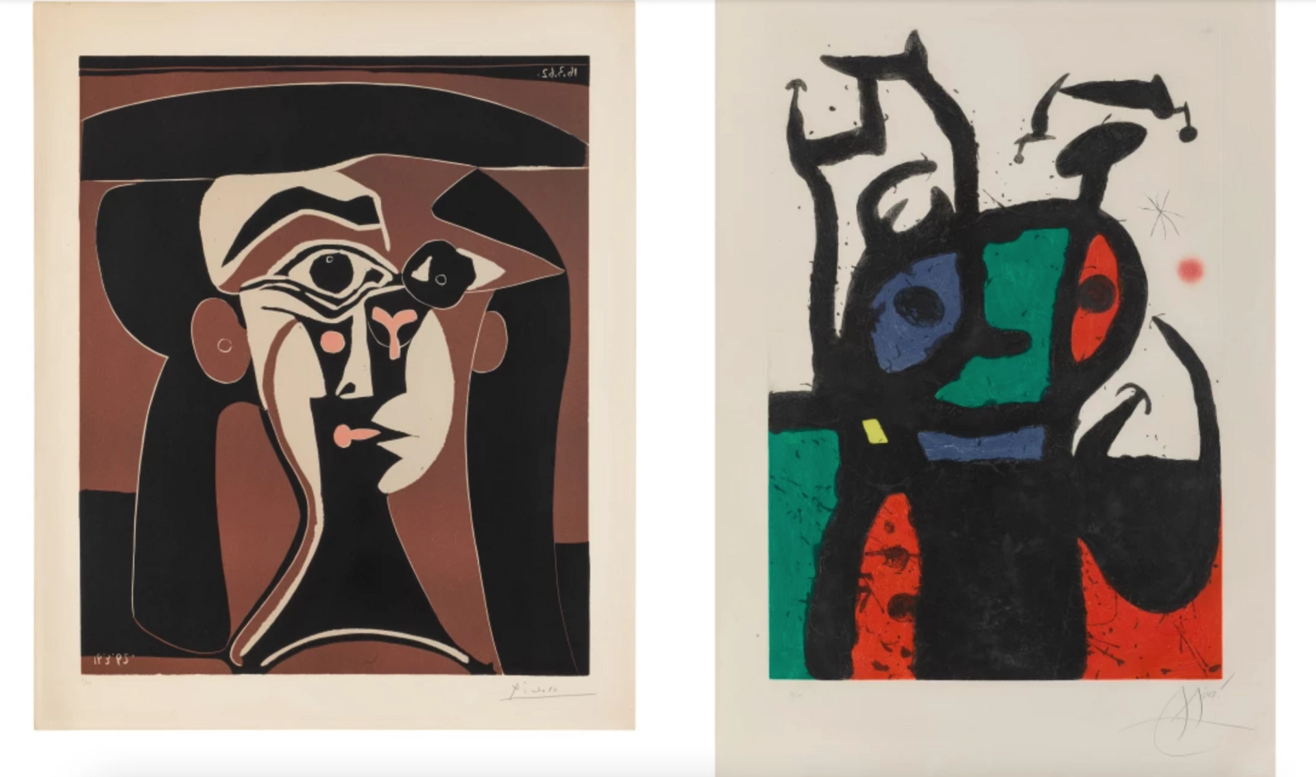 An image of the prints Jacqueline au Chapeau Noir by Picasso on the left and Le Matador by Miró on the right.