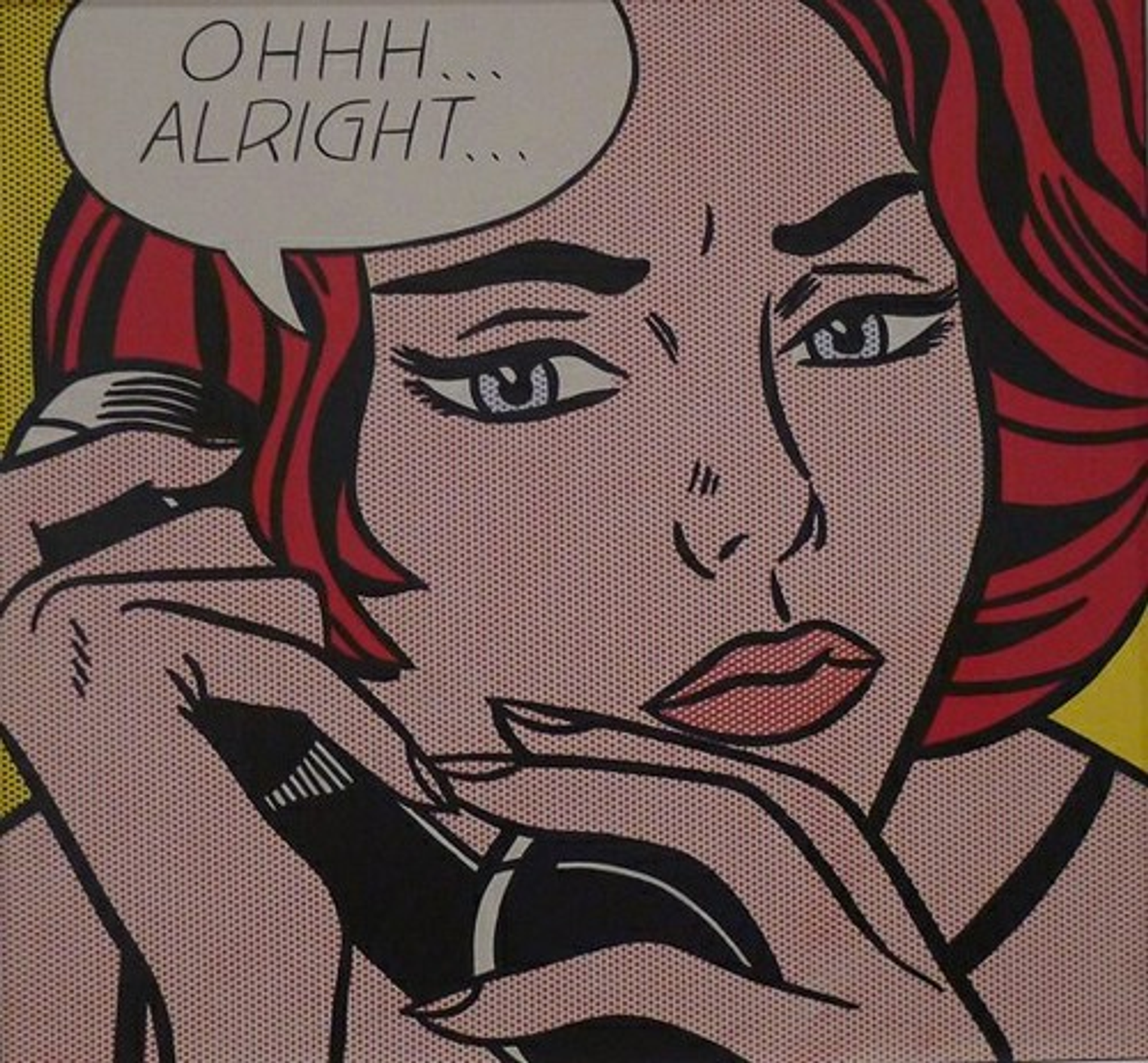 This painting shows a red-haired woman on the phone, as she says he speech bubble with the title.